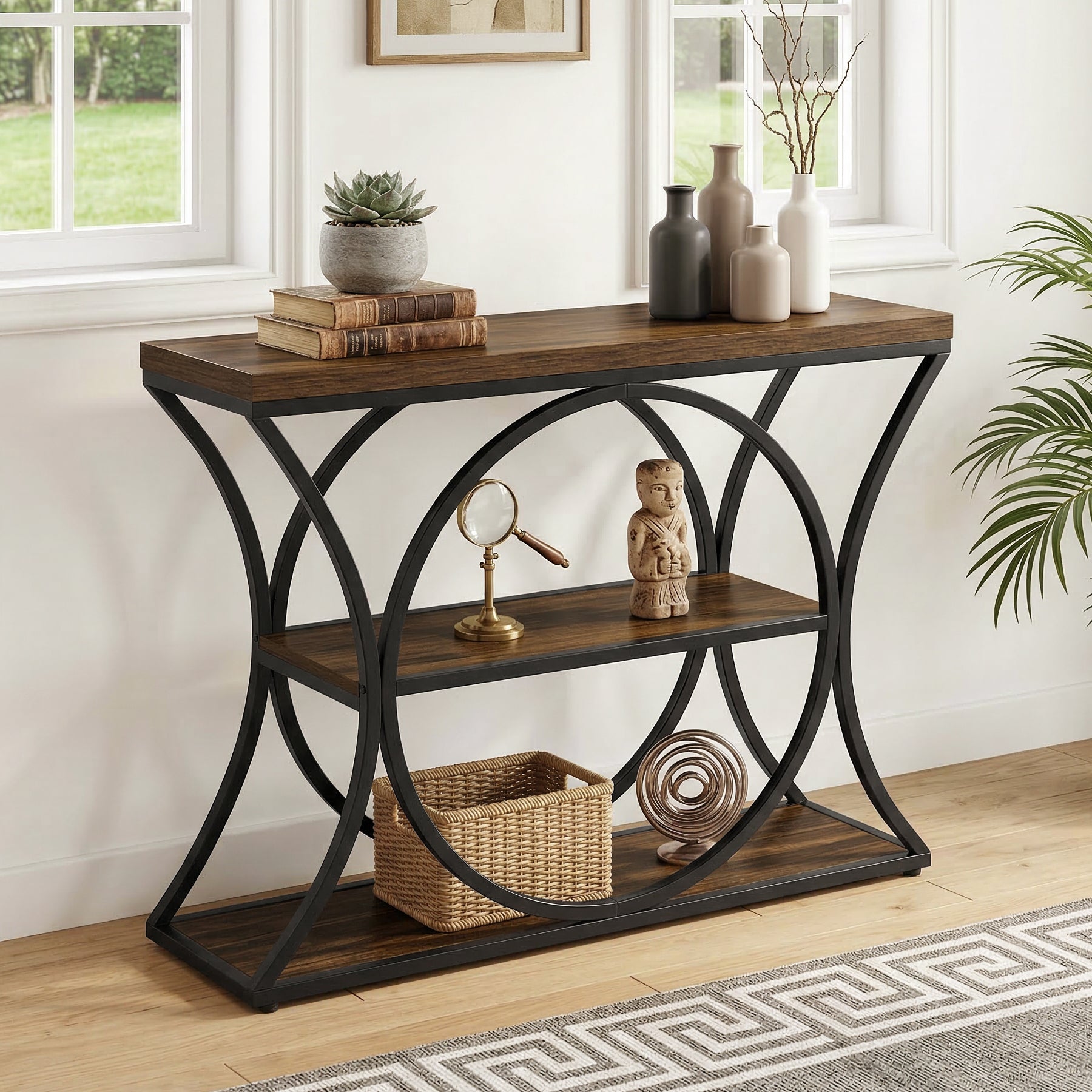 Tribesigns Console industrielle de 105 cm, table d’entrée étroite avec 3 étagères de rangement