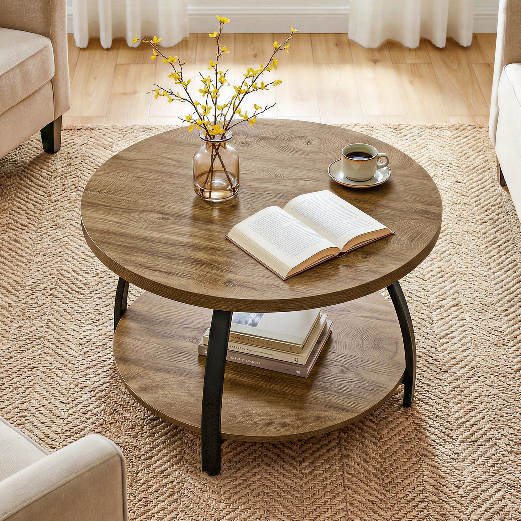 Tribesigns Table basse ronde de 80 cm avec 2 étagères, Petite table d'appoint de style industriel avec pieds en métal