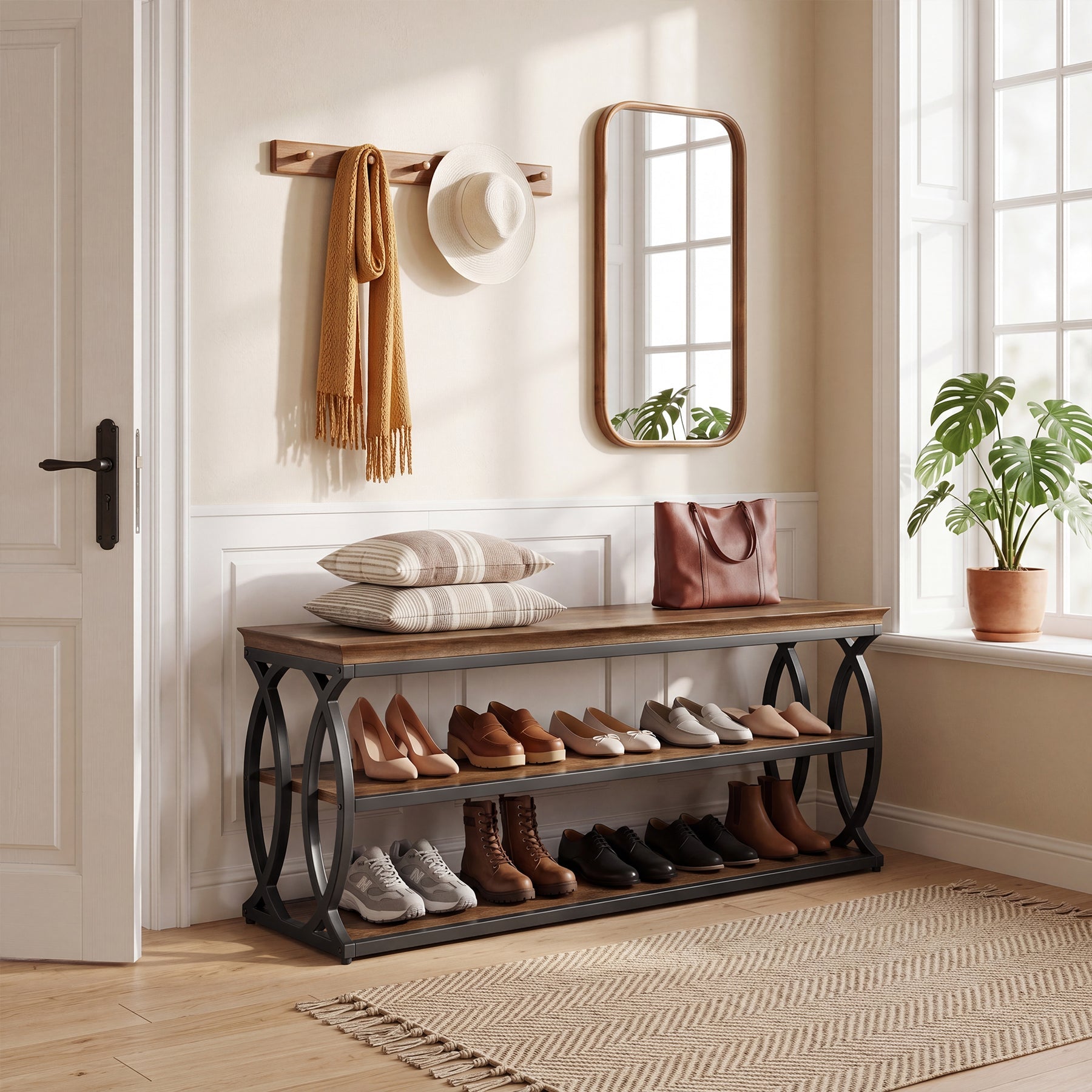 Tribesigns Banc à Chaussures de 120 cm avec Rangement, Meuble à Chaussures à 3 Niveaux avec Assise, Style Industriel Rustique