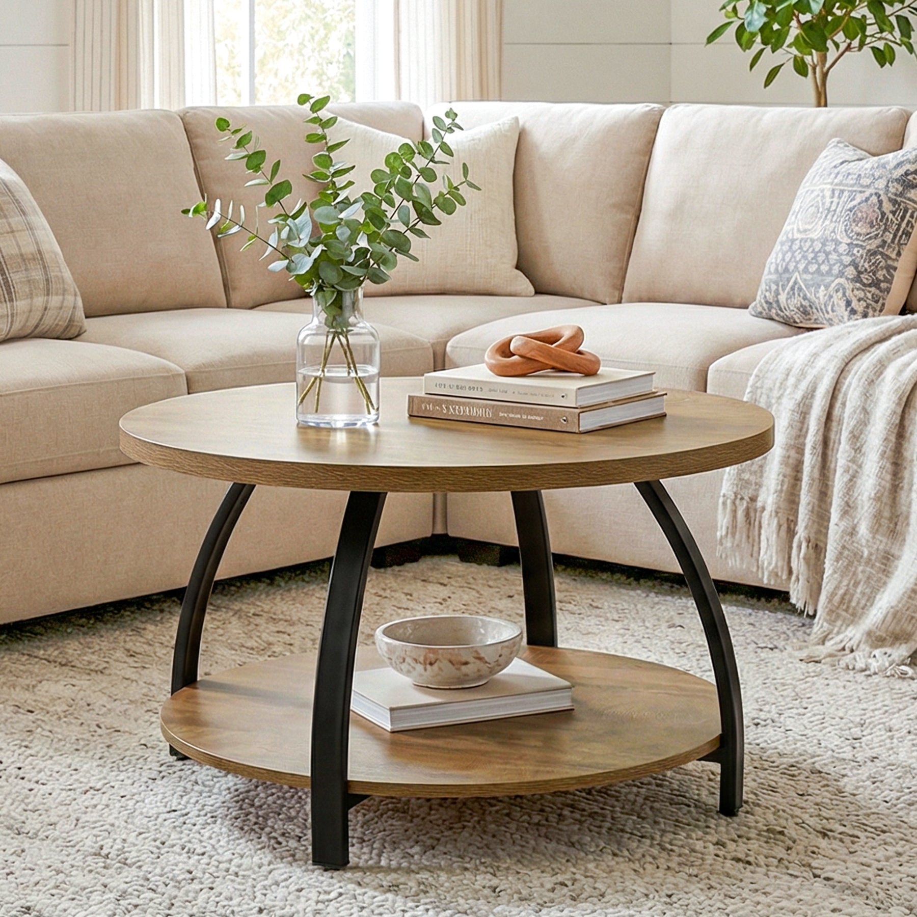 Tribesigns Table basse ronde de 80 cm avec 2 étagères, Petite table d'appoint de style industriel avec pieds en métal