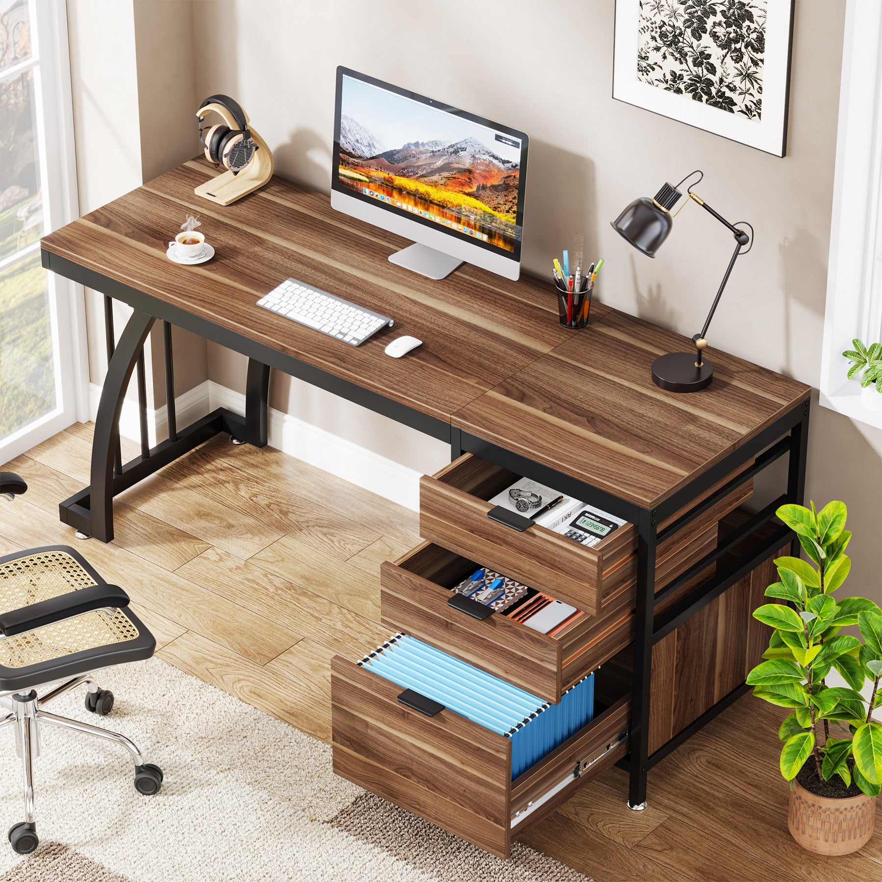Tribesigns Bureau informatique industriel, Bureau 150 cm avec armoire à tiroirs réversible