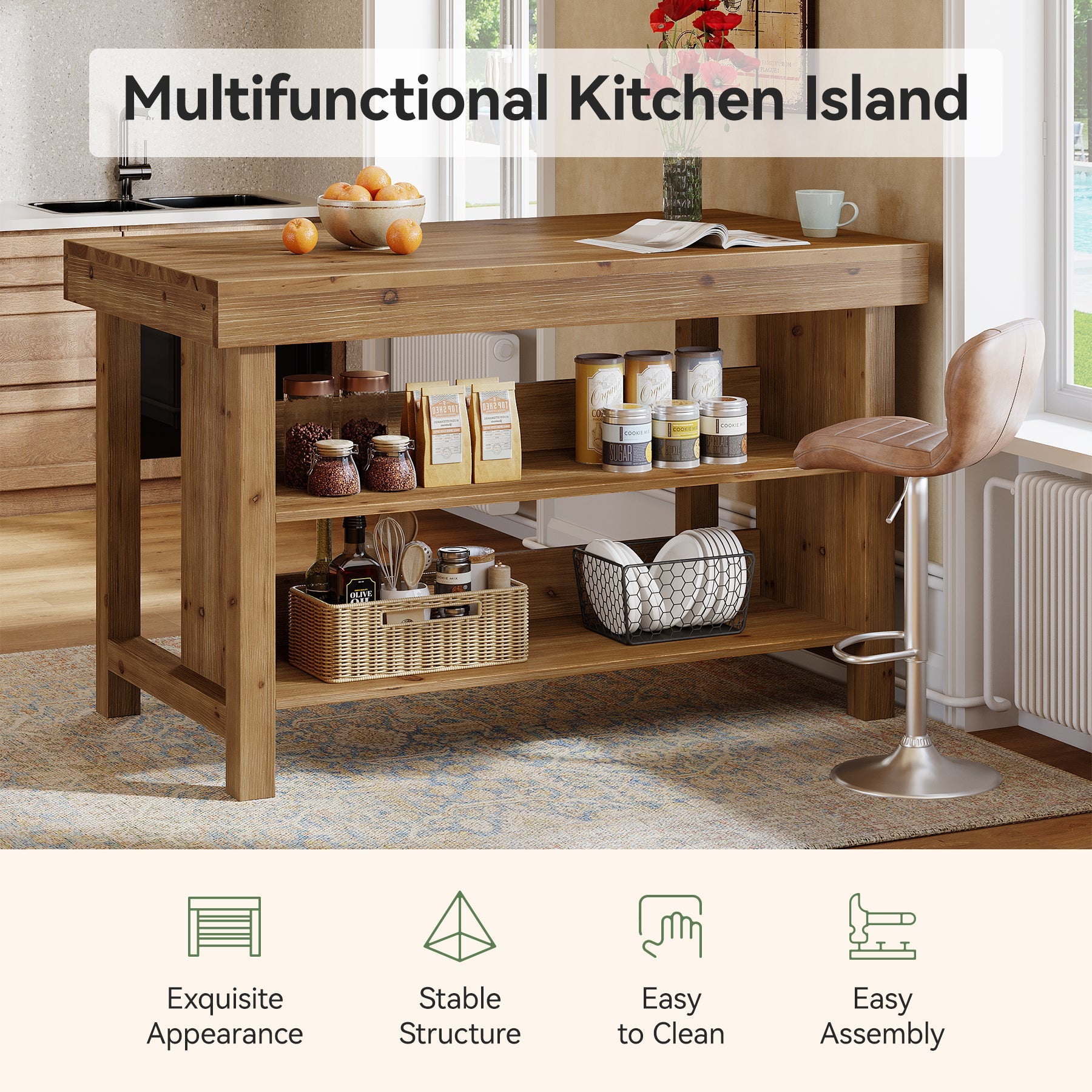 Tribesigns Îlot de Cuisine 140 cm, Table de Cuisine en Bois Massif