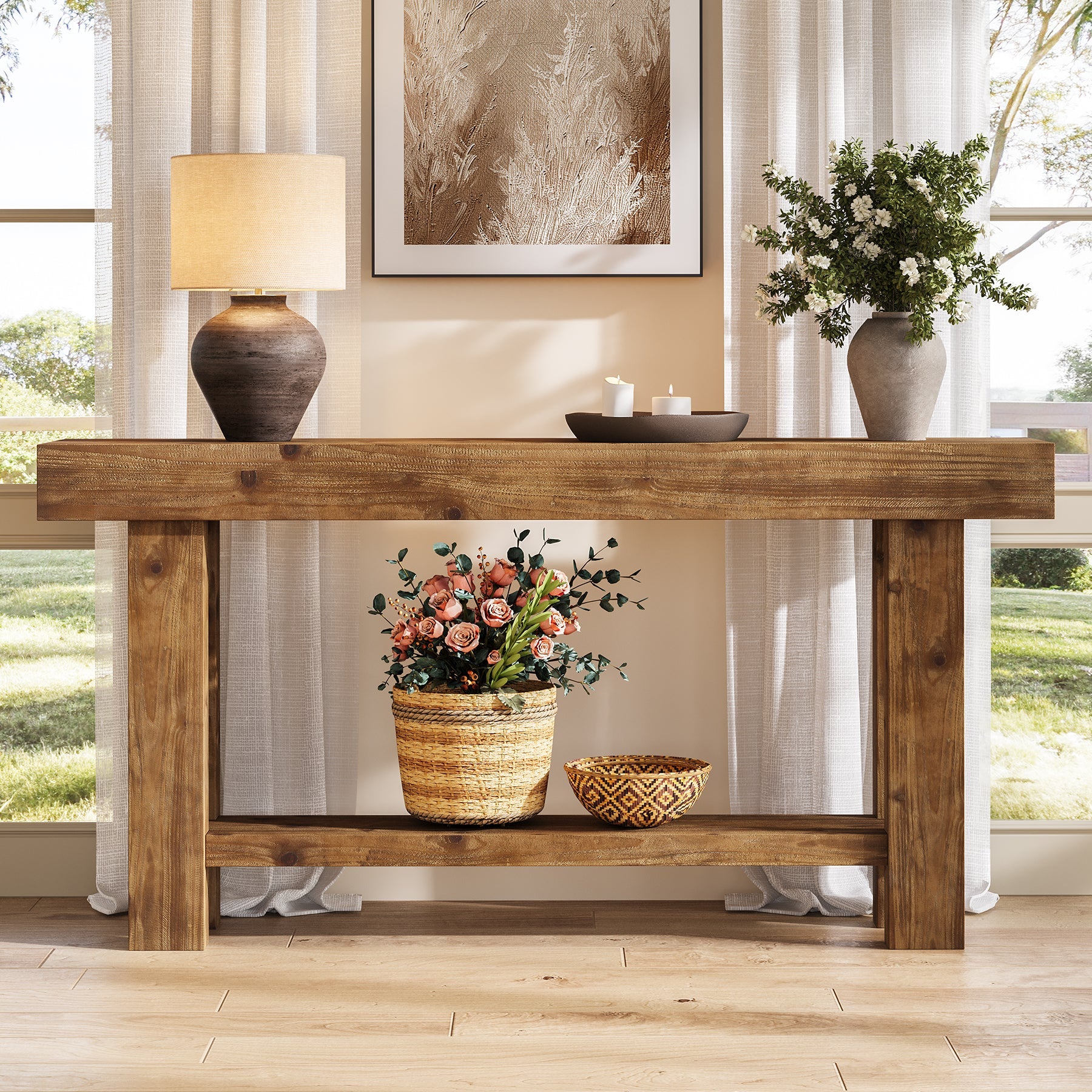 Tribesigns Console en Bois Massif 160 cm à 2 Niveaux pour Entrée