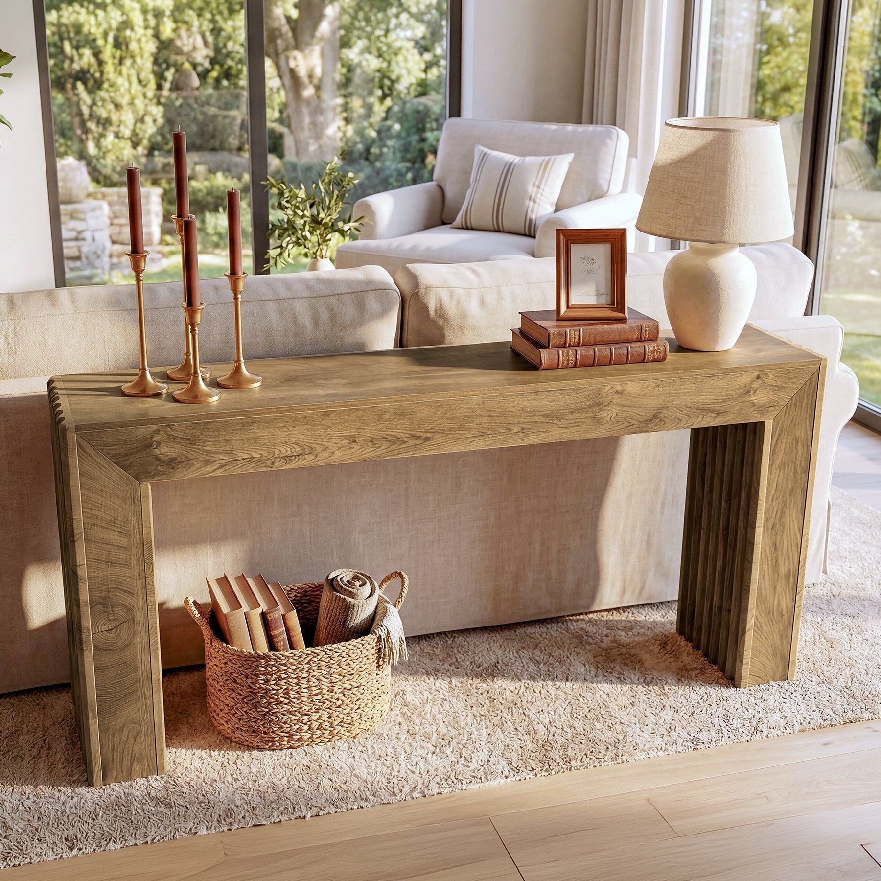 Console de 160 cm avec pieds colonnes cannelés, Table d'entrée étroite de style romain