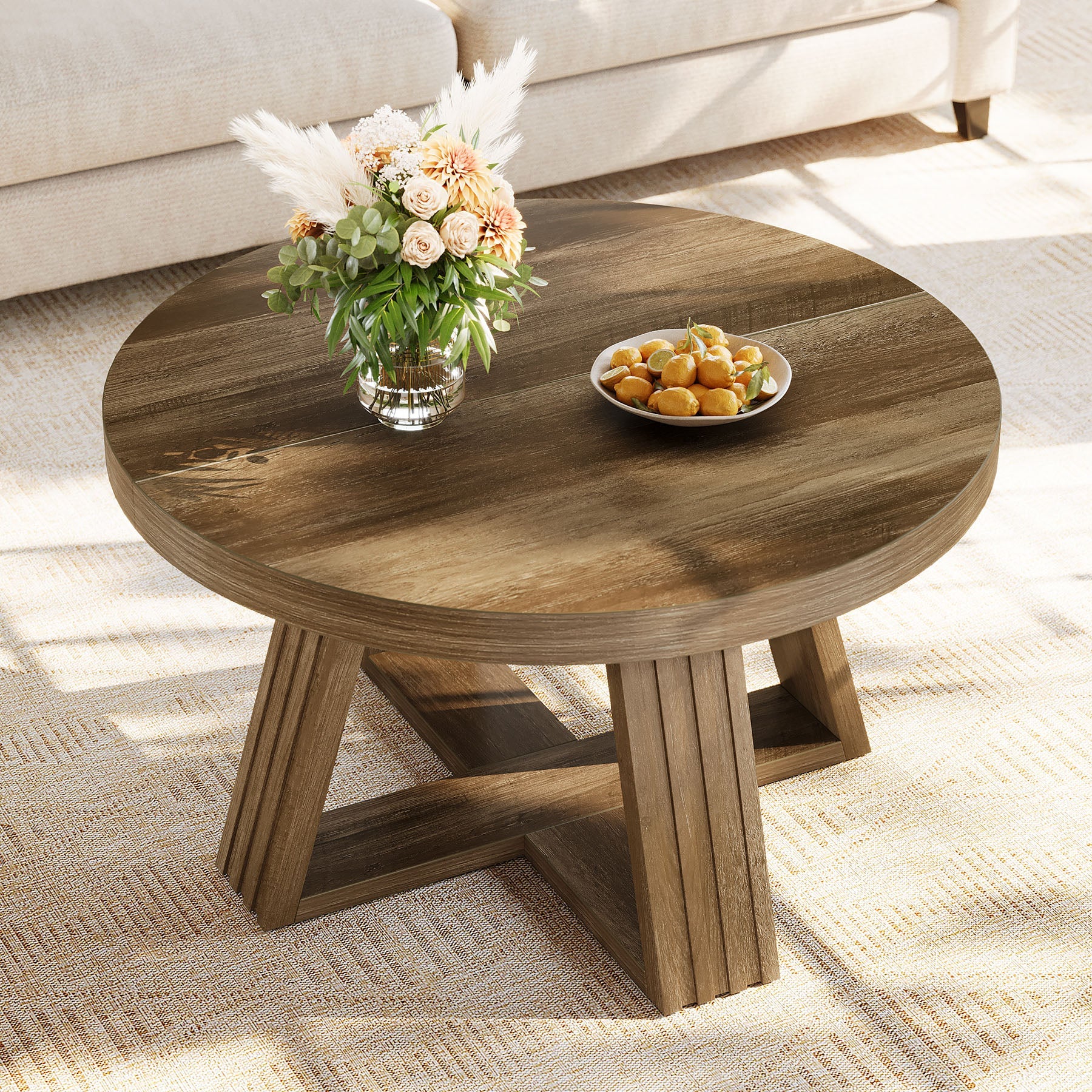 Tribesigns Table Basse Ronde 80 cm, Table de Salon Style Campagne avec Base Croisée
