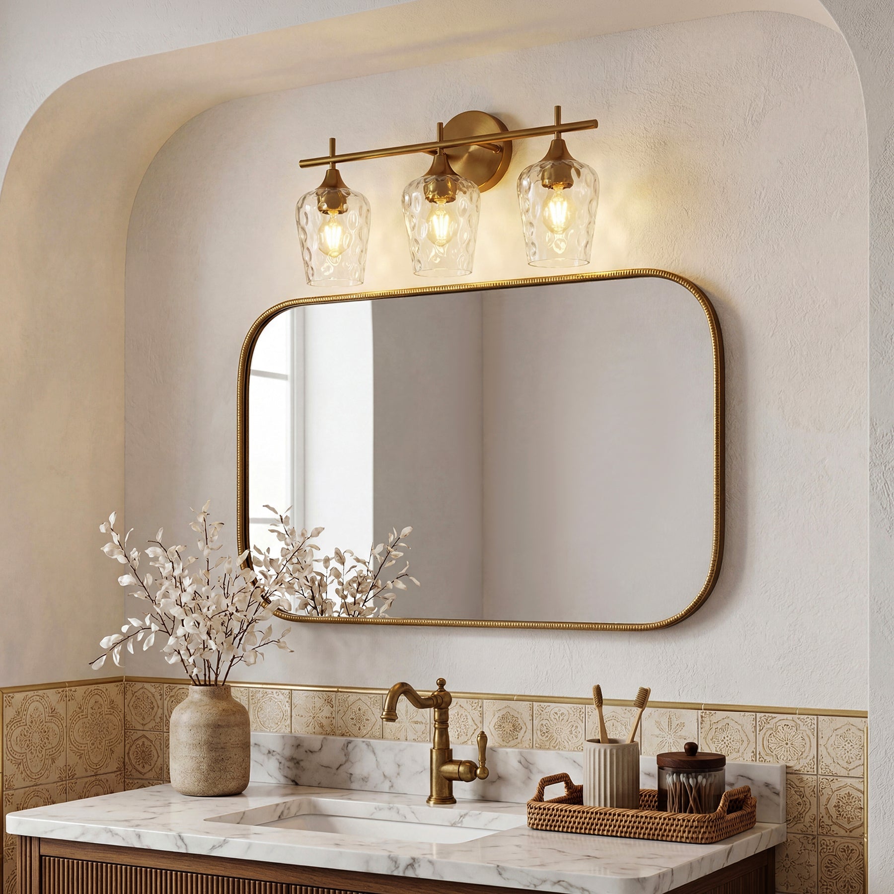 Tribesigns Applique de Salle de Bain à 3 Lumières, Applique Murale Moderne avec Abat-Jour en Verre Ondulé, Culot E27, Ampoules Non Incluses
