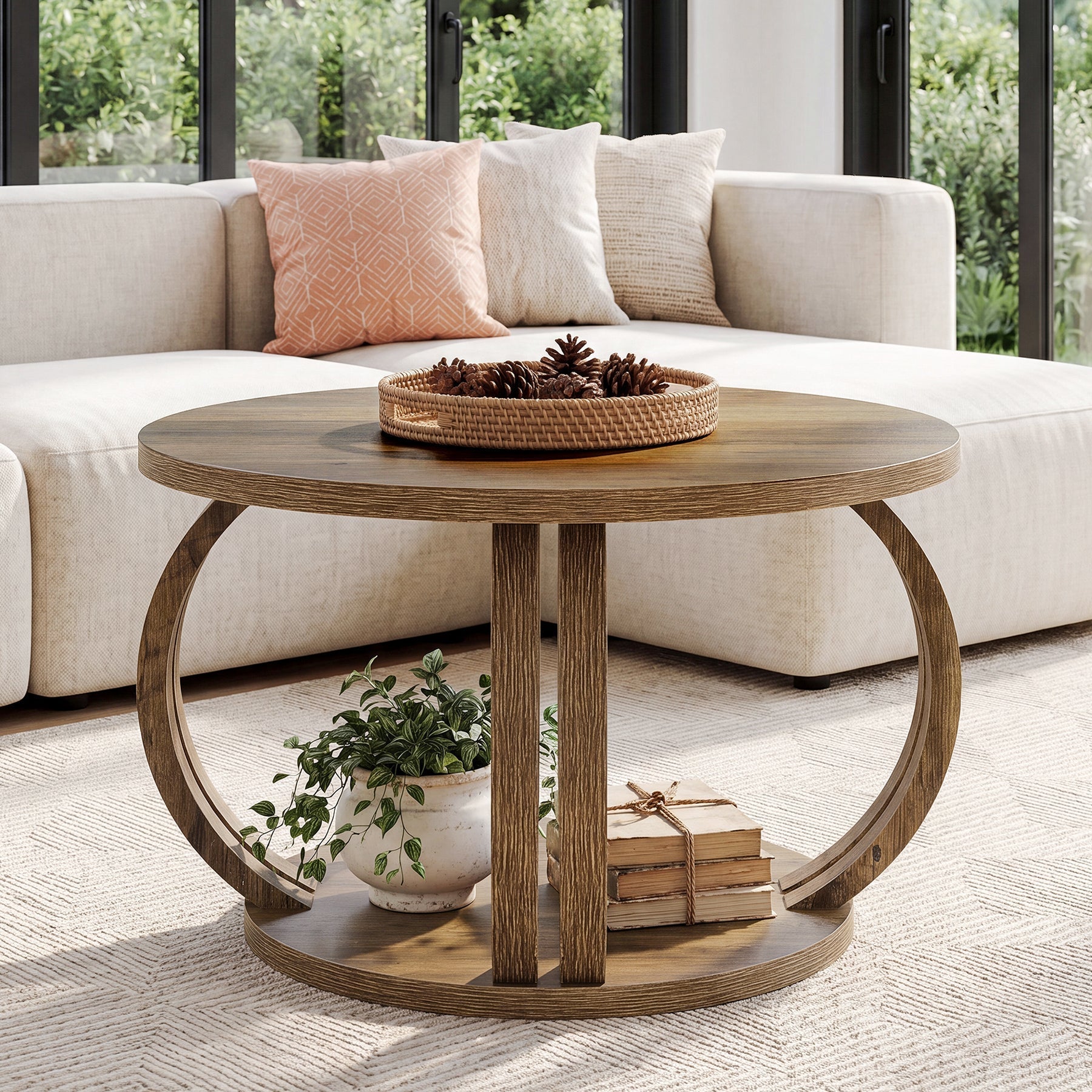 Tribesigns Table basse ronde 80 cm avec étagère, Table de salon avec piètement en colonne sculpturale