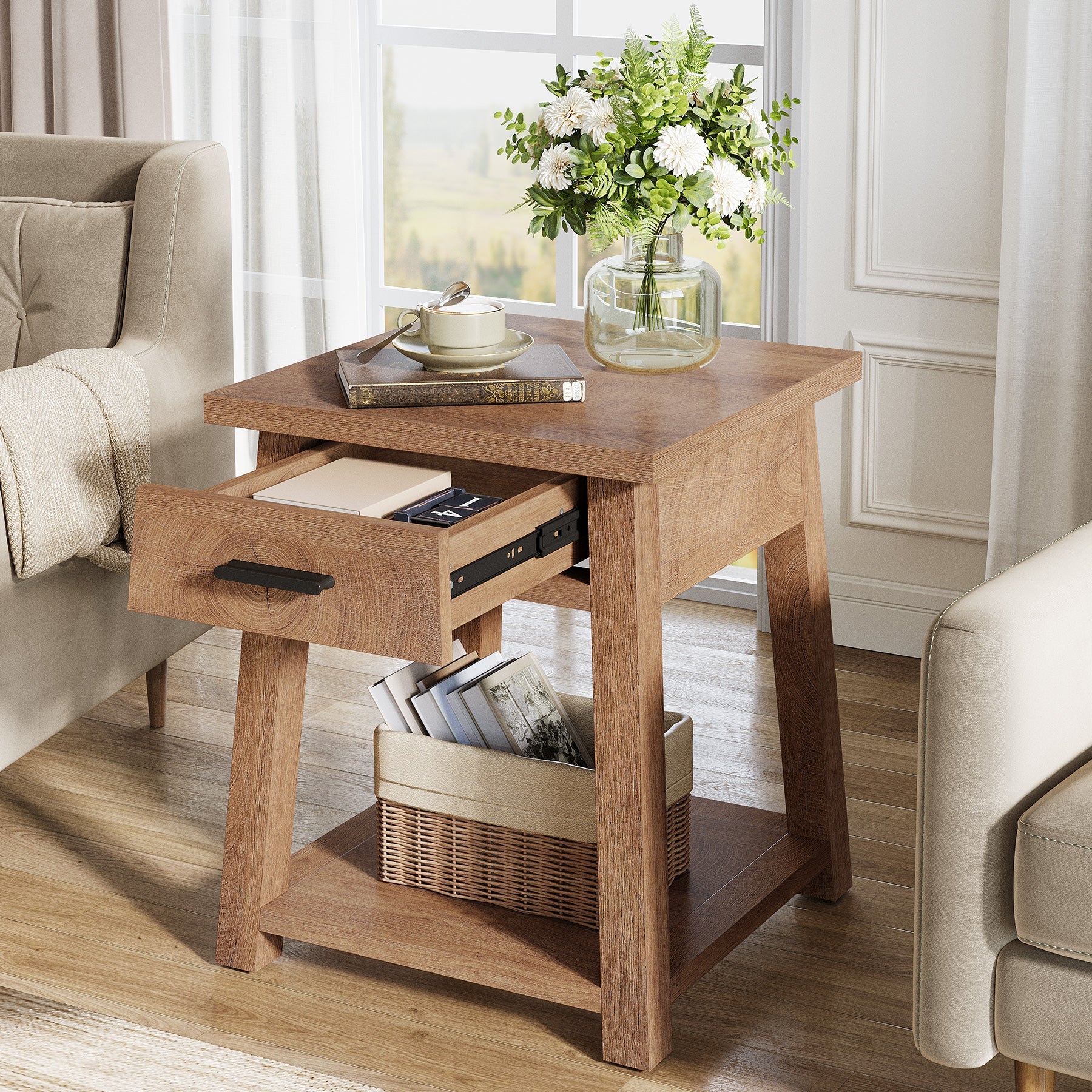 Table de chevet avec tiroir et étagère, Table d'appoint de style champêtre pour chambre et salon