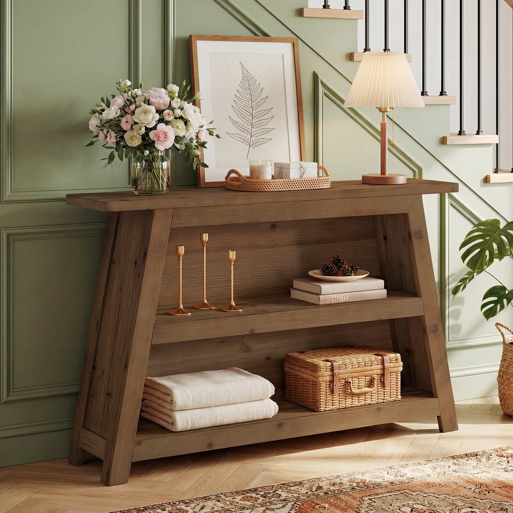 Tribesigns Console en bois massif de 120 cm à 3 niveaux, style rustique pour entrée et couloir