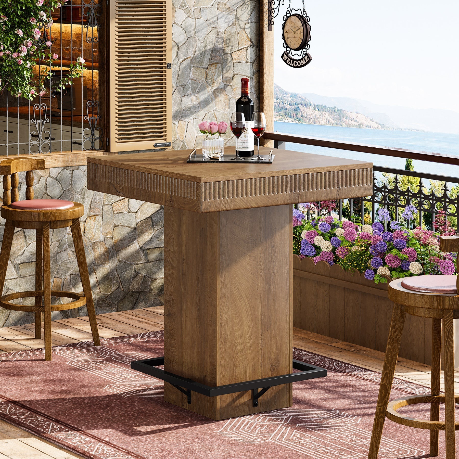 Tribesigns Vierkante Bartafel 80cm met Houten Blad en Metalen Onderstel, Industriële Bistrotafel