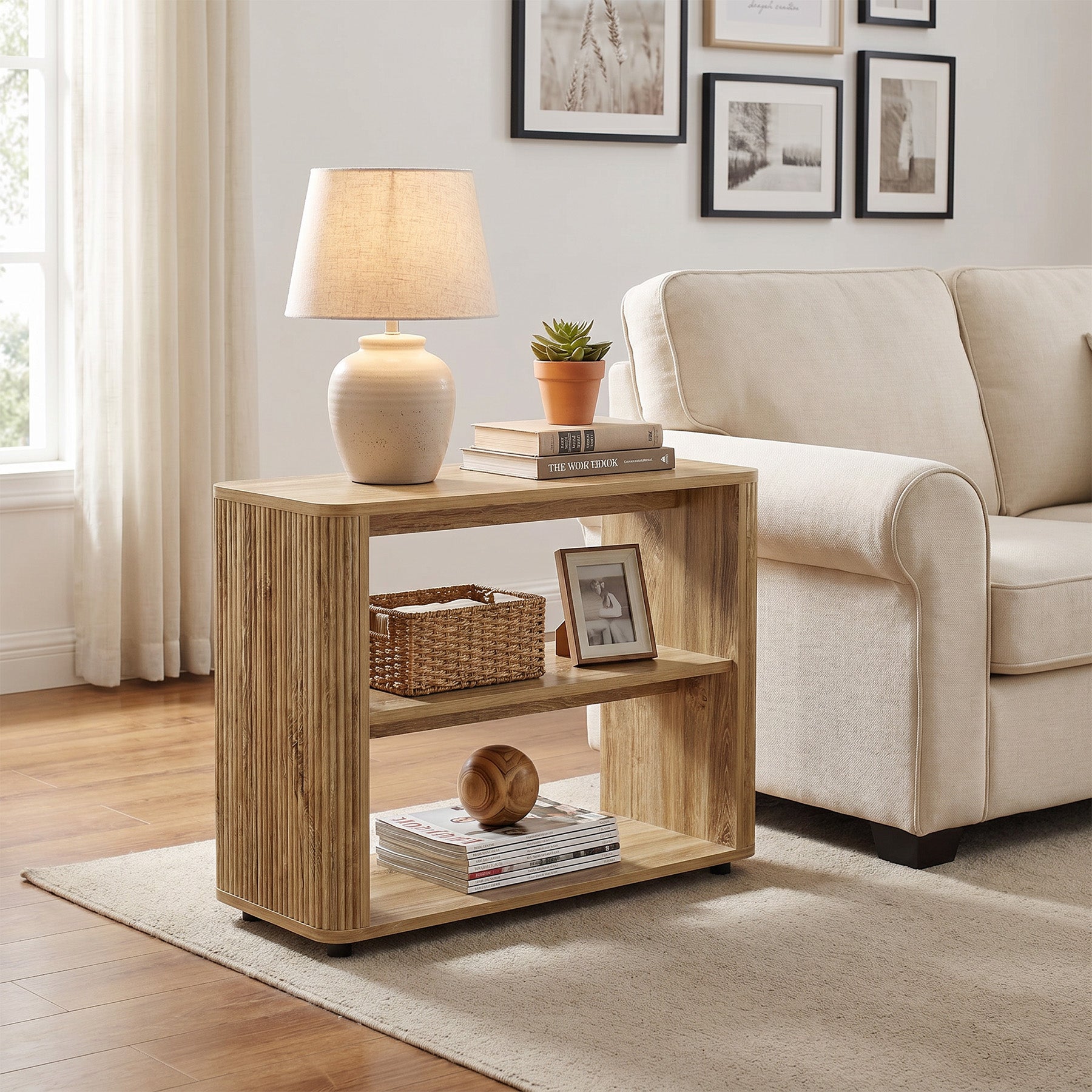 Table d'appoint étroite à 3 étagères, Table de chevet aspect bois pour petites chambres
