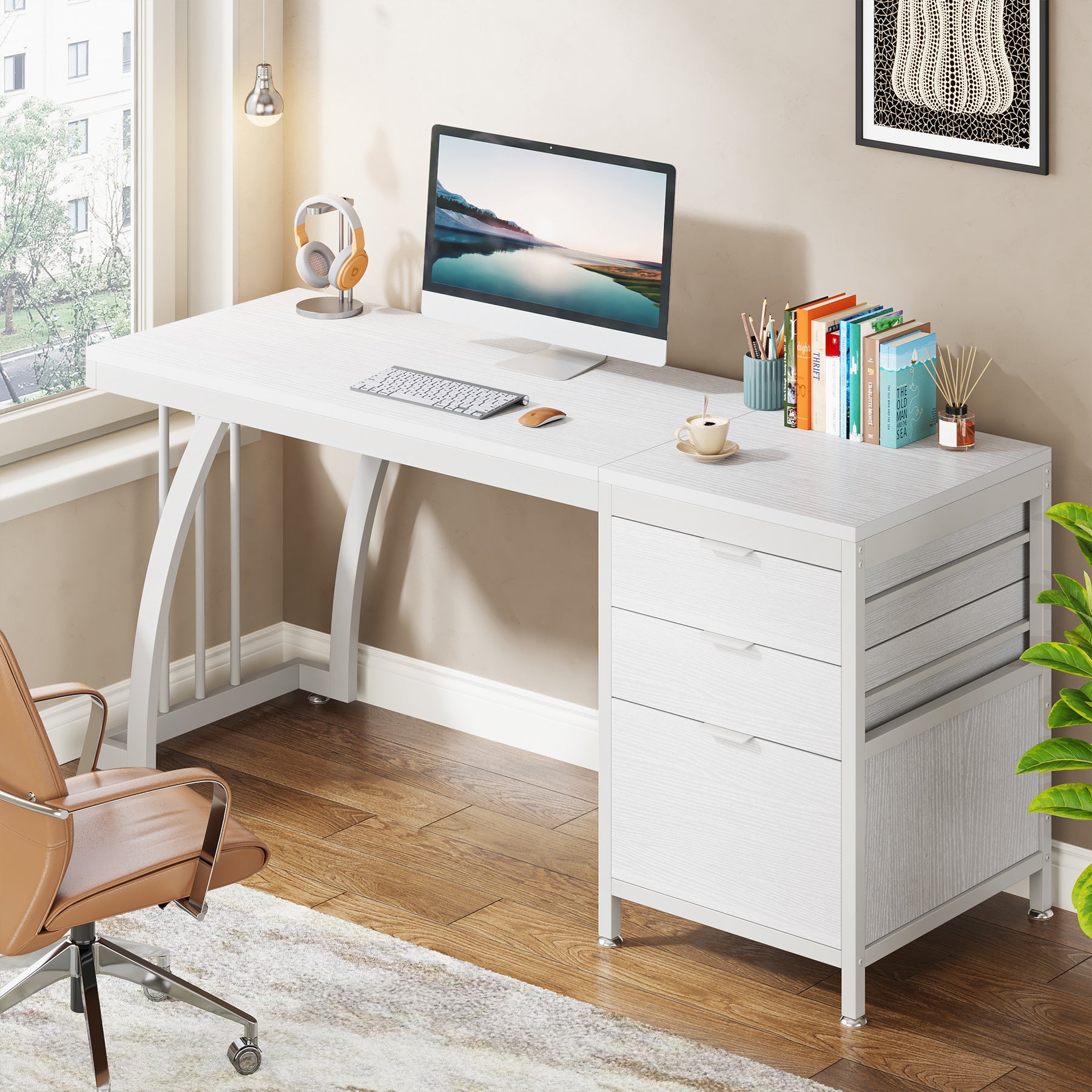 Tribesigns Bureau informatique industriel, Bureau 150 cm avec armoire à tiroirs réversible