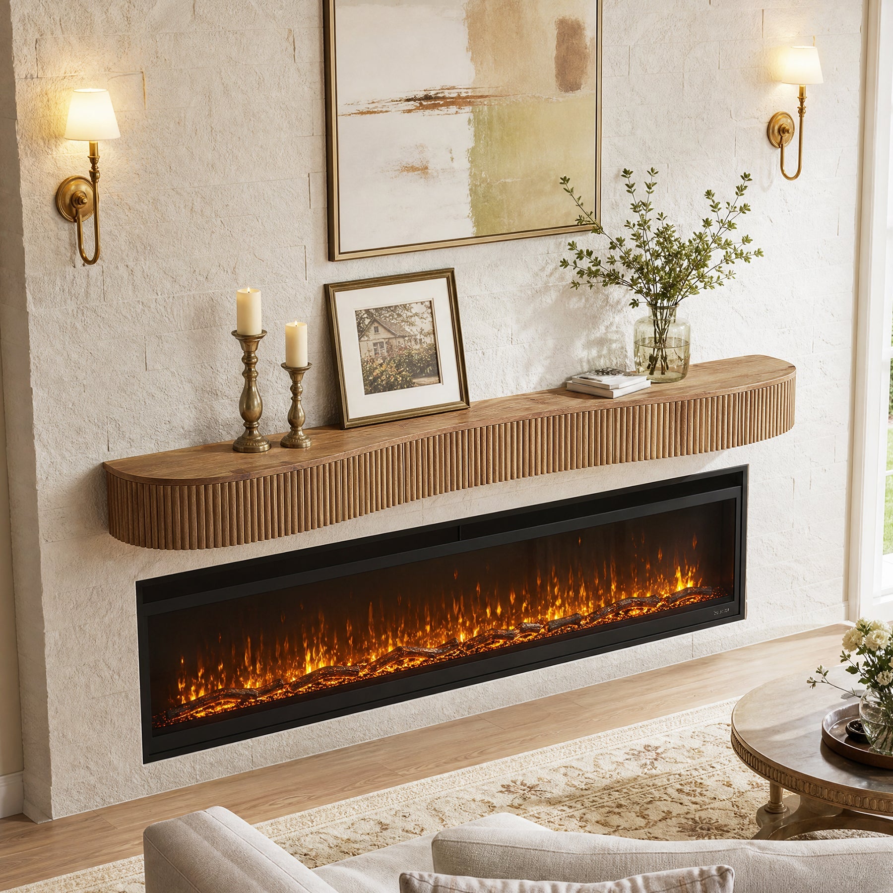 Tribesigns Étagère de Cheminée Flottante en Bois Massif 180 cm avec Motif Cannelé