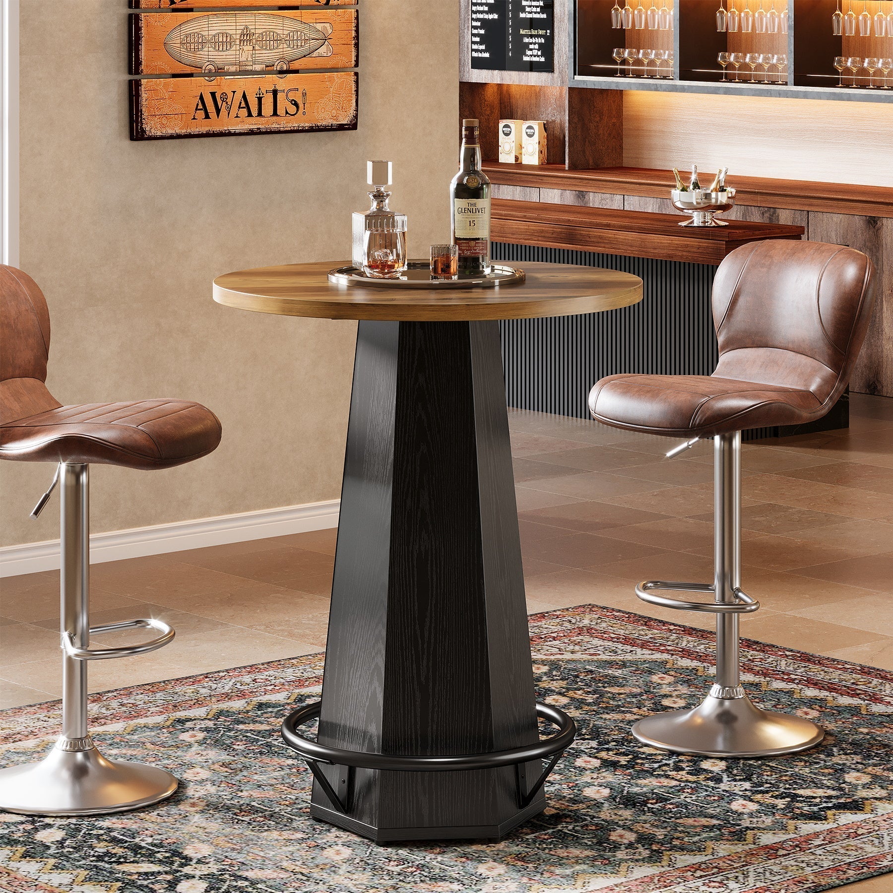 Tribesigns Table de bar ronde de 100 cm pour 2 personnes, Table à manger industrielle avec repose-pieds