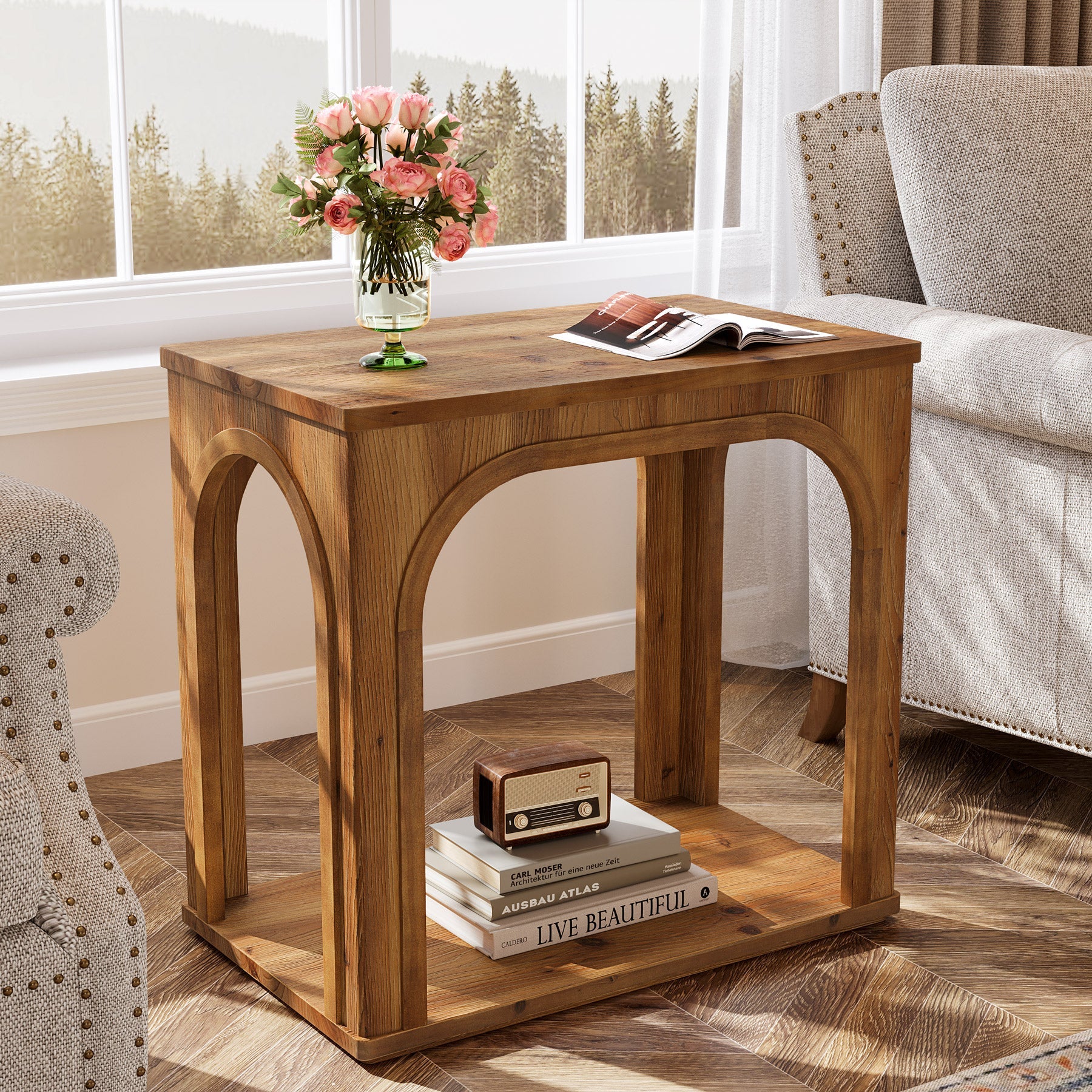 Tribesigns Table d’Appoint Rustique en Bois Massif 64 cm à 2 Niveaux