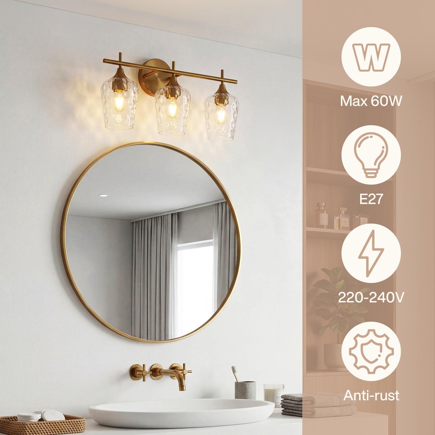 Tribesigns Applique de Salle de Bain à 3 Lumières, Applique Murale Moderne avec Abat-Jour en Verre Ondulé, Culot E27, Ampoules Non Incluses