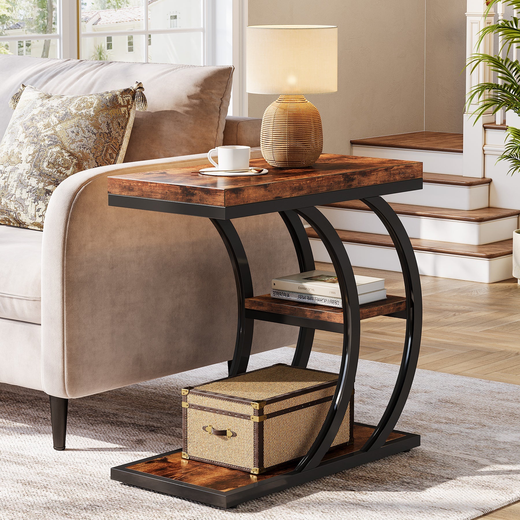 Tribesigns Table d'appoint 3 niveaux 60 cm, Table d'appoint design industriel en forme de C