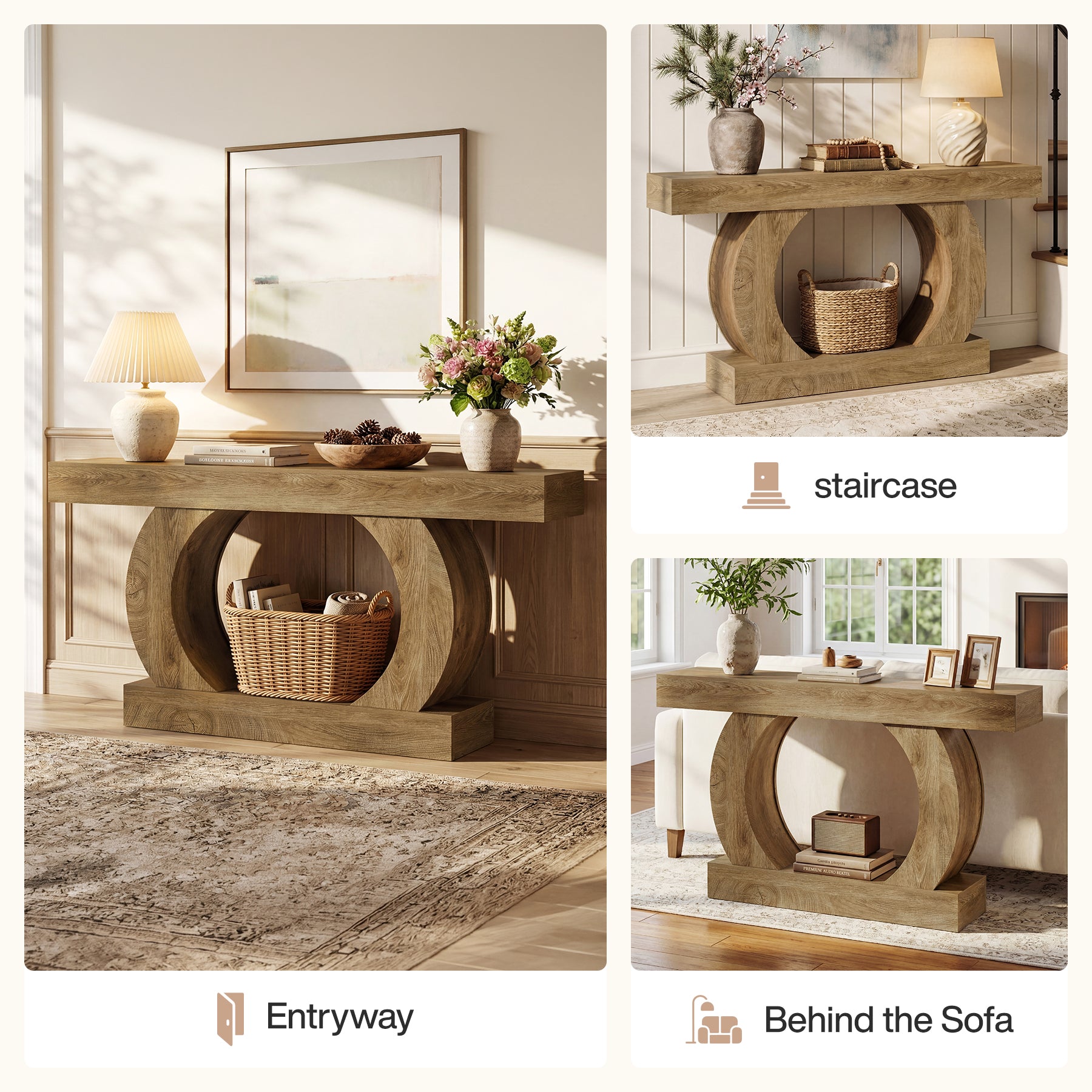 Console rustique 150 x 30 x 85 cm avec base ronde ouverte, Table d'entrée étroite à 2 niveaux pour couloir et salon
