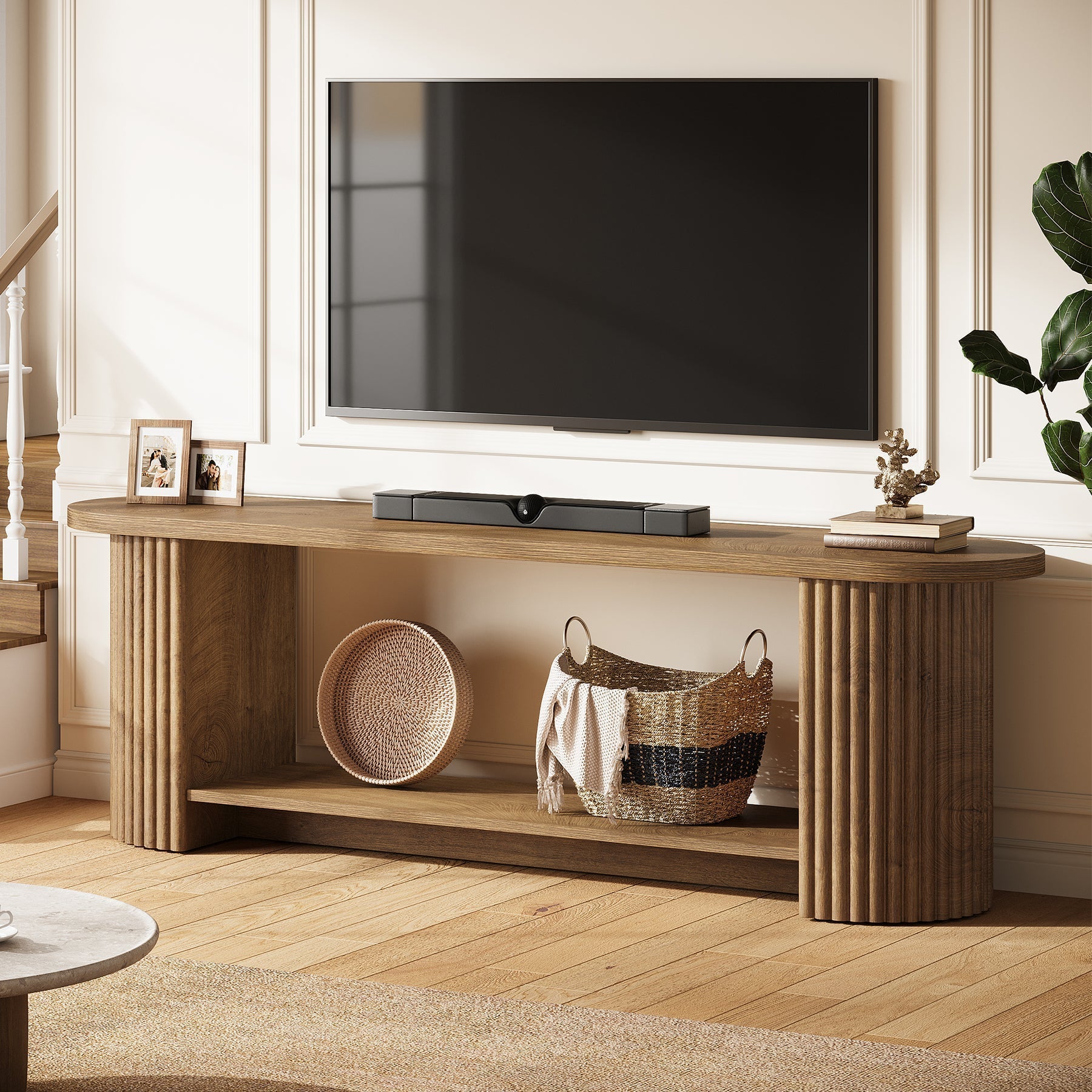 Tribesigns Meuble TV de 160 cm avec design côtelé et étagère de rangement, Meuble multimédia rustique pour salon et chambre