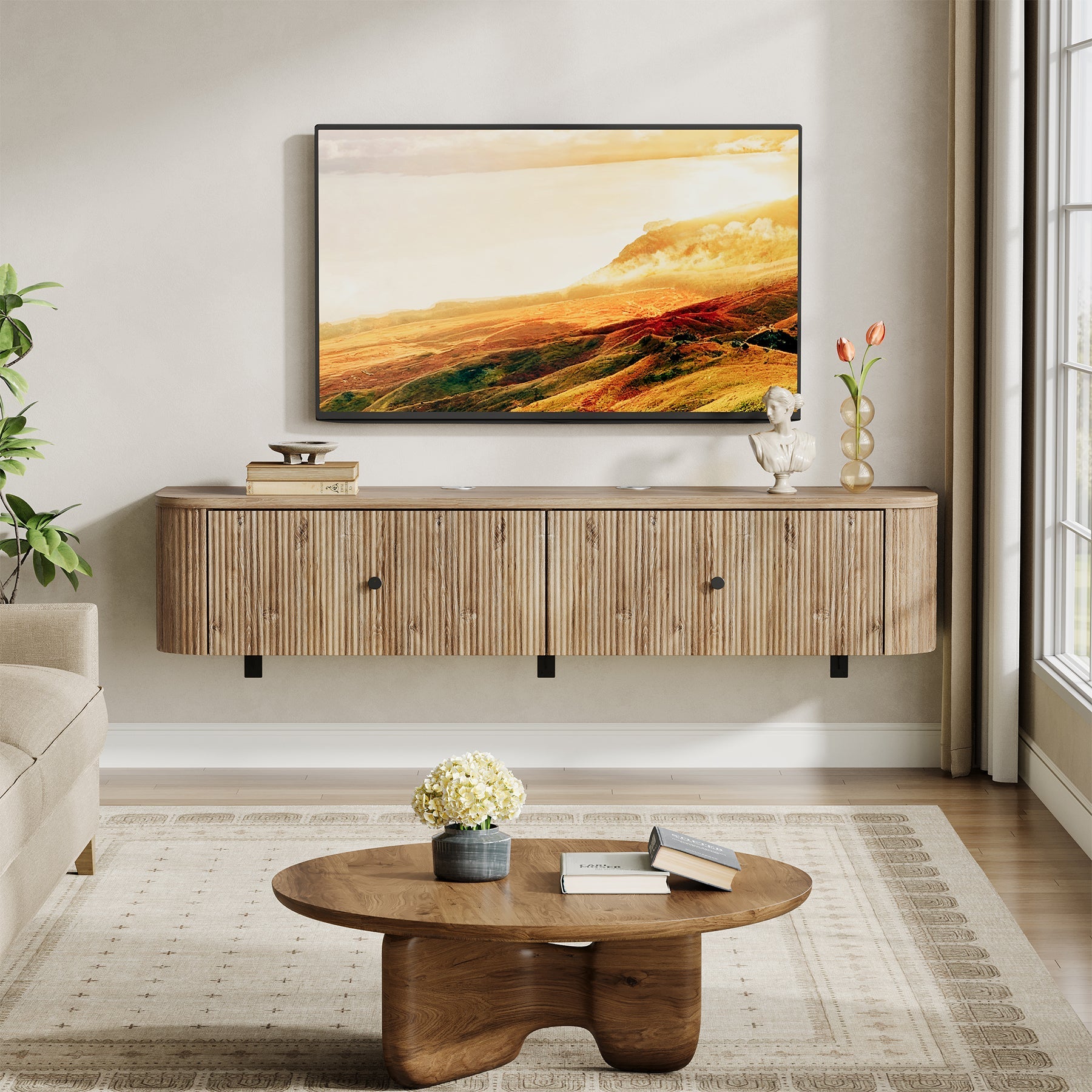 Tribesigns Meuble TV Mural avec 2 Tiroirs Rainurés, Meuble Multimédia Suspendu pour Salon et Chambre