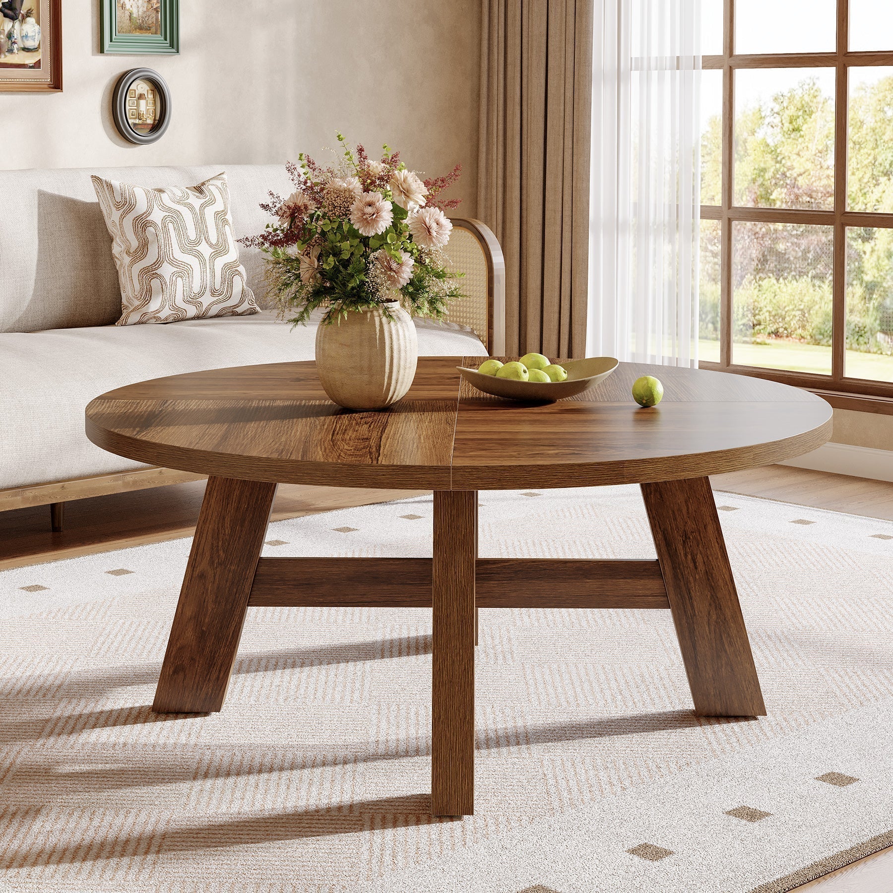 Tribesigns Table basse ronde de style moderne du milieu du siècle 100 cm avec traverses en bois