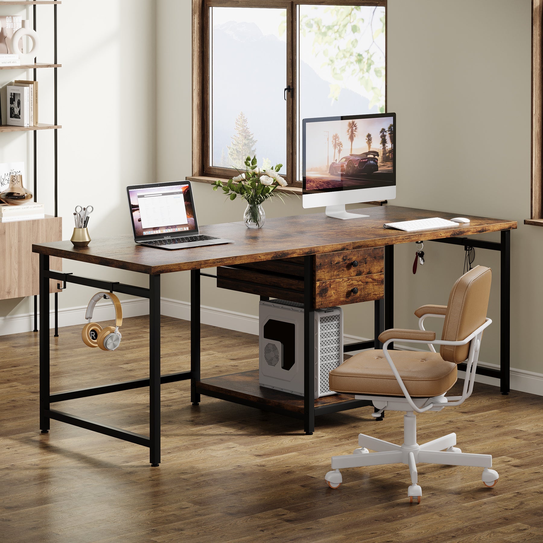 Tribesigns Bureau Double de 200 cm avec 2 Tiroirs et Étagères, Bureau Industriel pour Travail et Étude