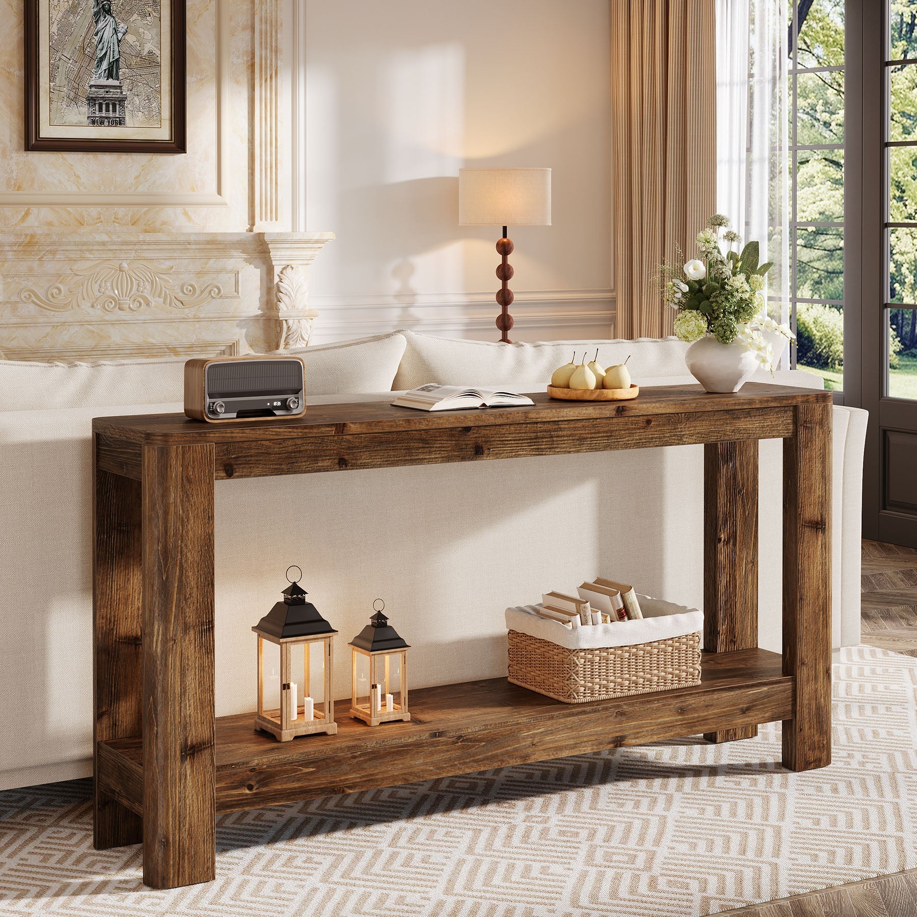 Tribesigns Console en bois massif de 160 cm, Table d'appoint étroite style ferme avec étagère