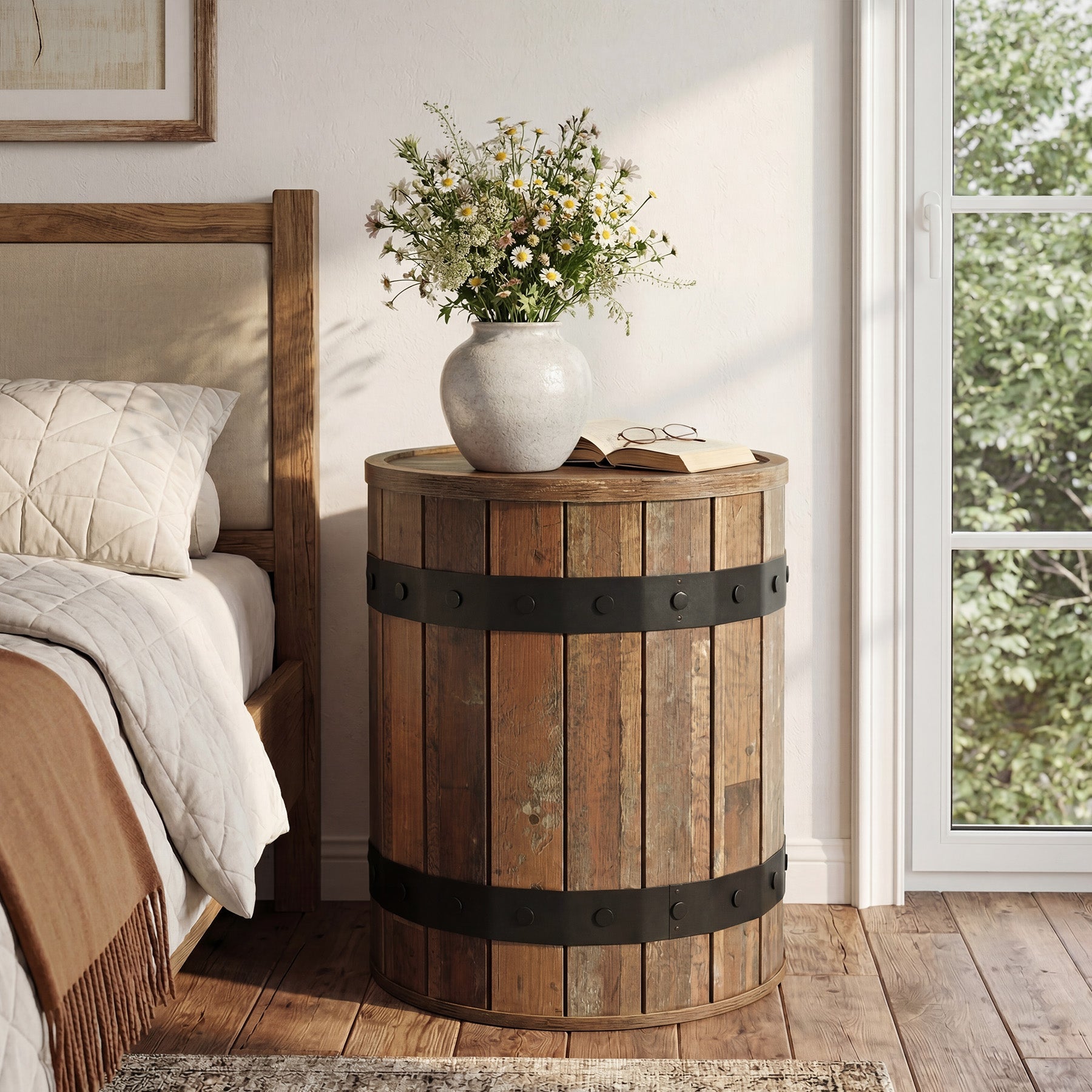 Tribesigns Table d’Appoint Ronde Forme Tonneau avec Rangement, Ø 50 cm, pour Salon et Chambre