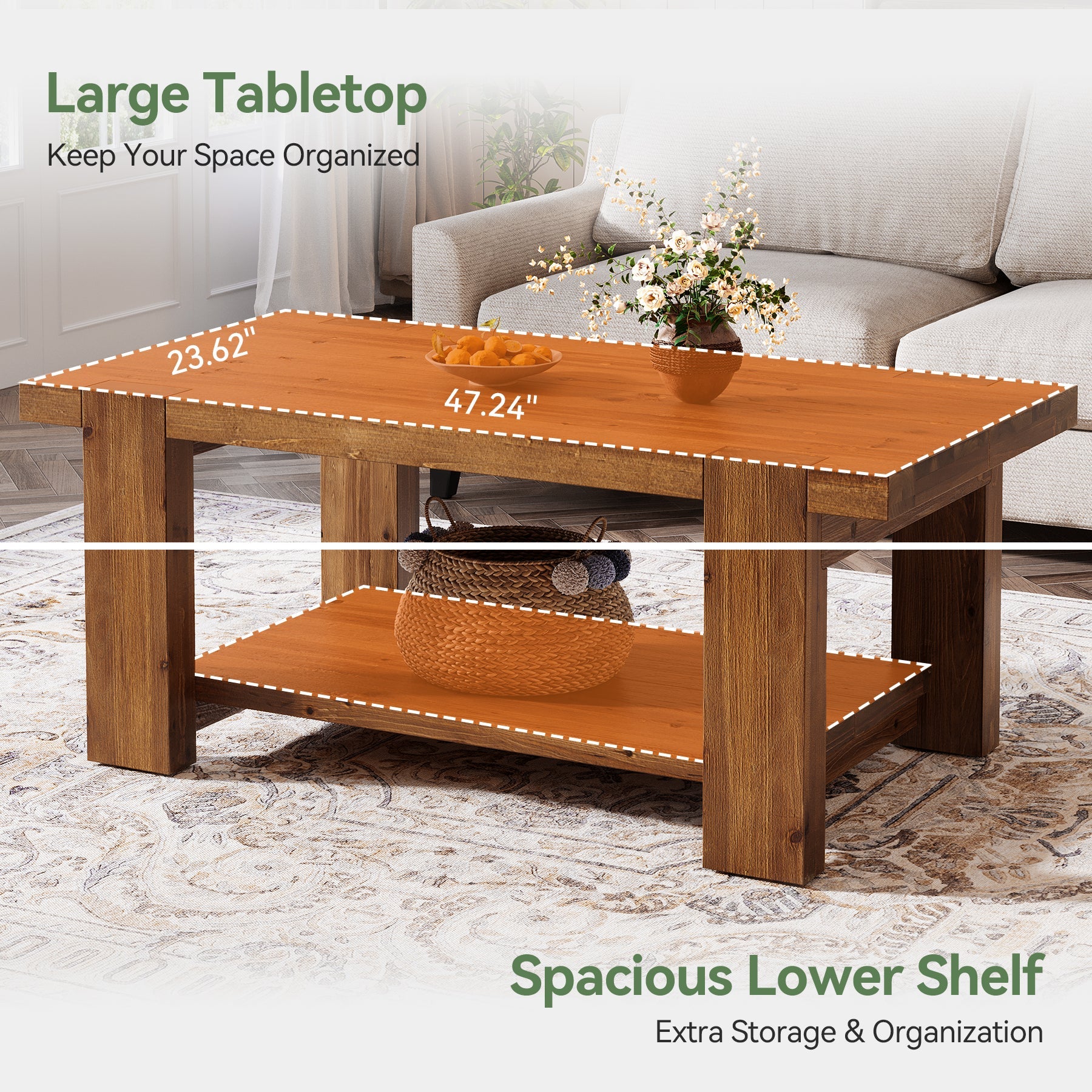 Tribesigns Table Basse Rectangulaire en Bois Massif de 120 cm avec Étagère