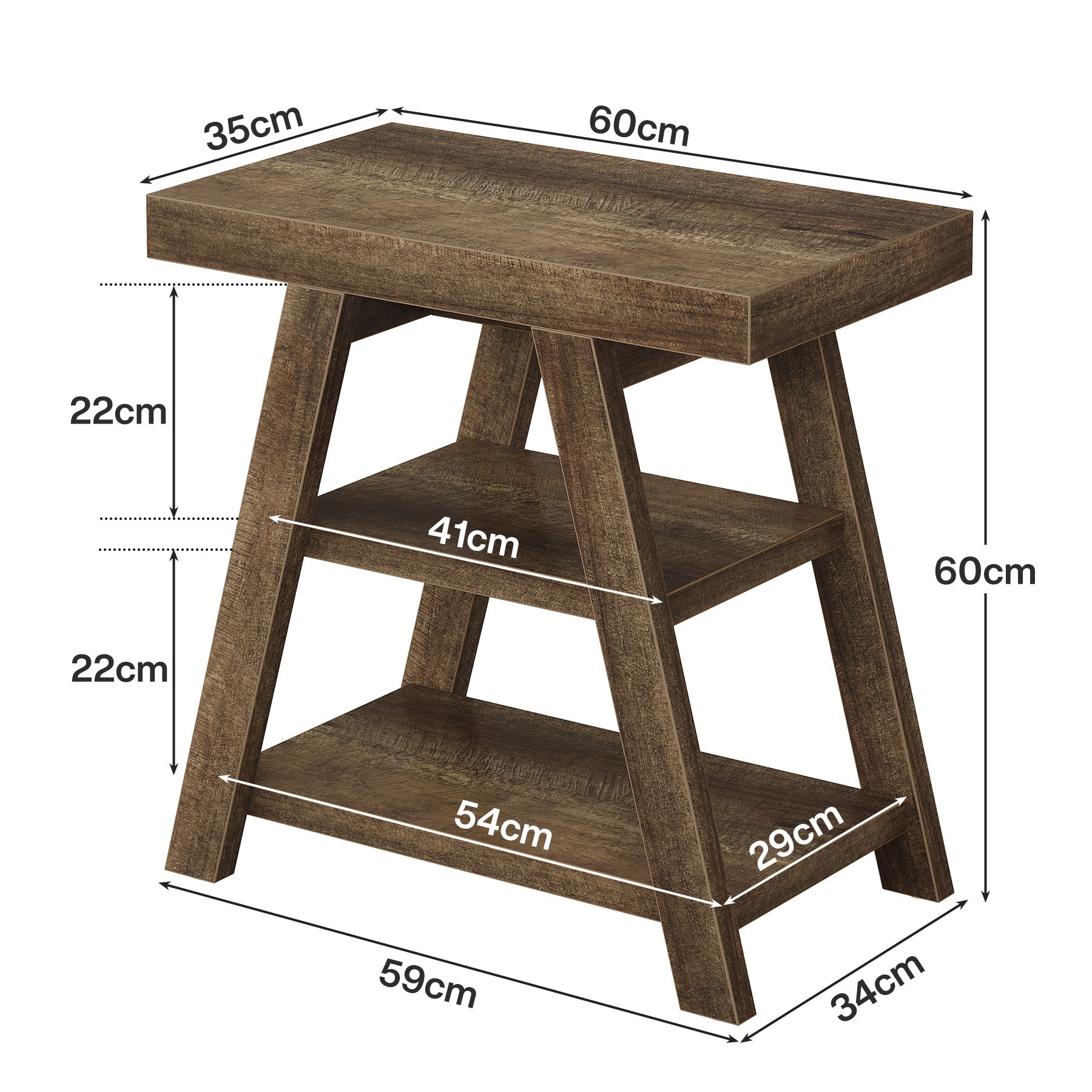 Tribesigns Table d’Appoint Rustique en Bois à 3 Niveaux avec Pieds Trapézoïdaux, 60 x 35 x 60 cm