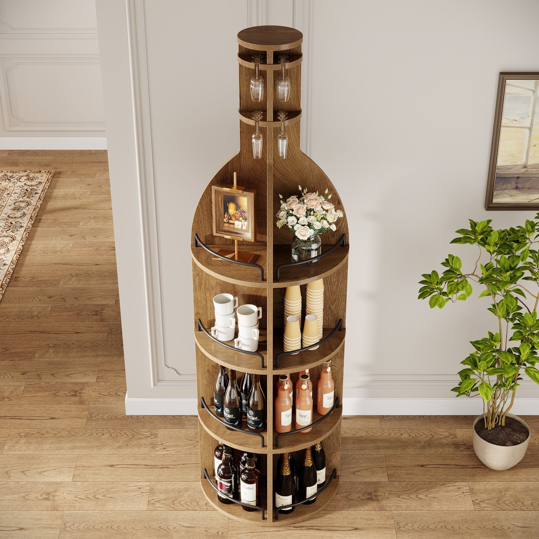 Casier à vin de 190 cm de haut avec étagères de rangement, Meuble à vin rond de style industriel avec porte-verres