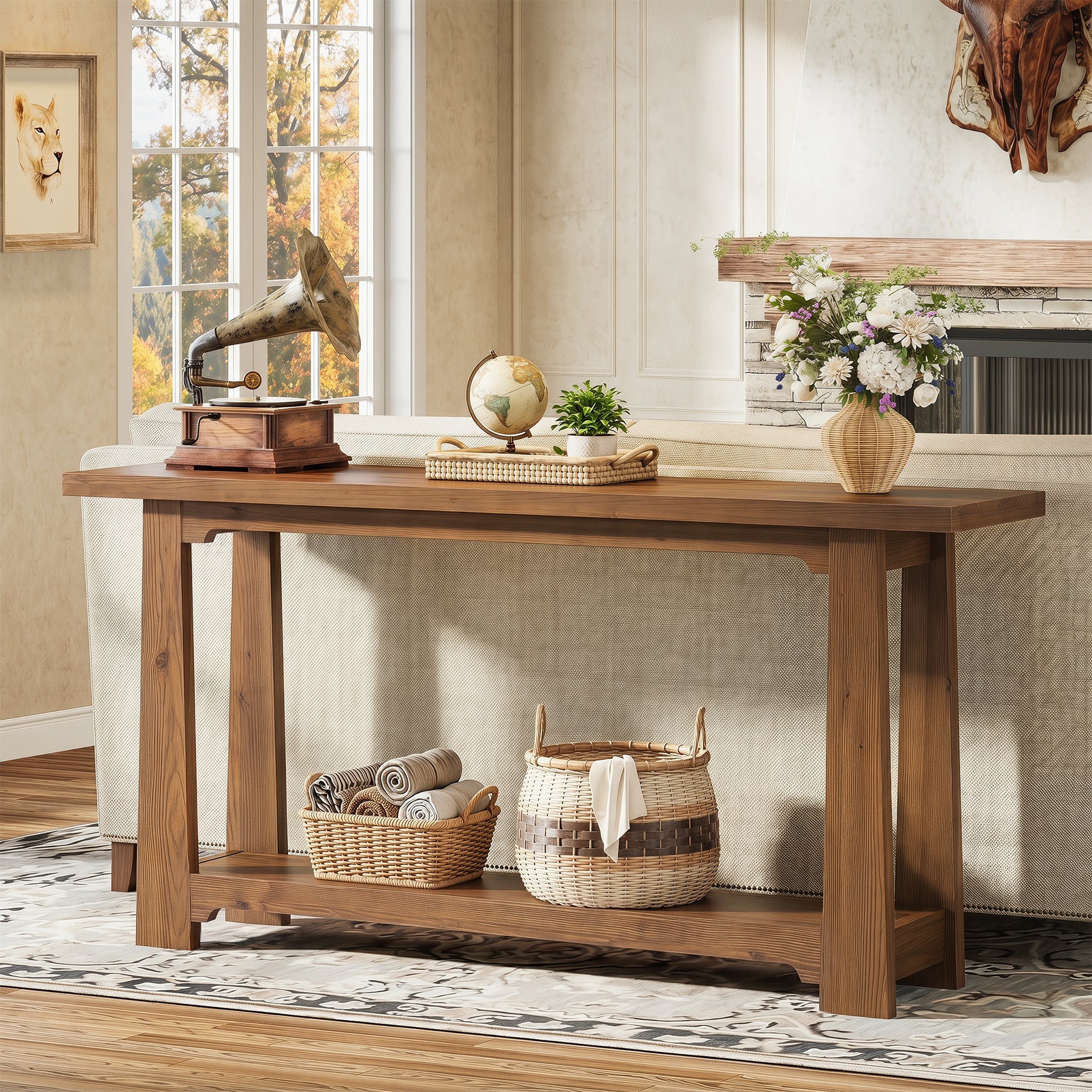 Tribesigns Console en Bois Massif de 140 cm avec Étagère, Table d’Entrée Étroite en Sapin