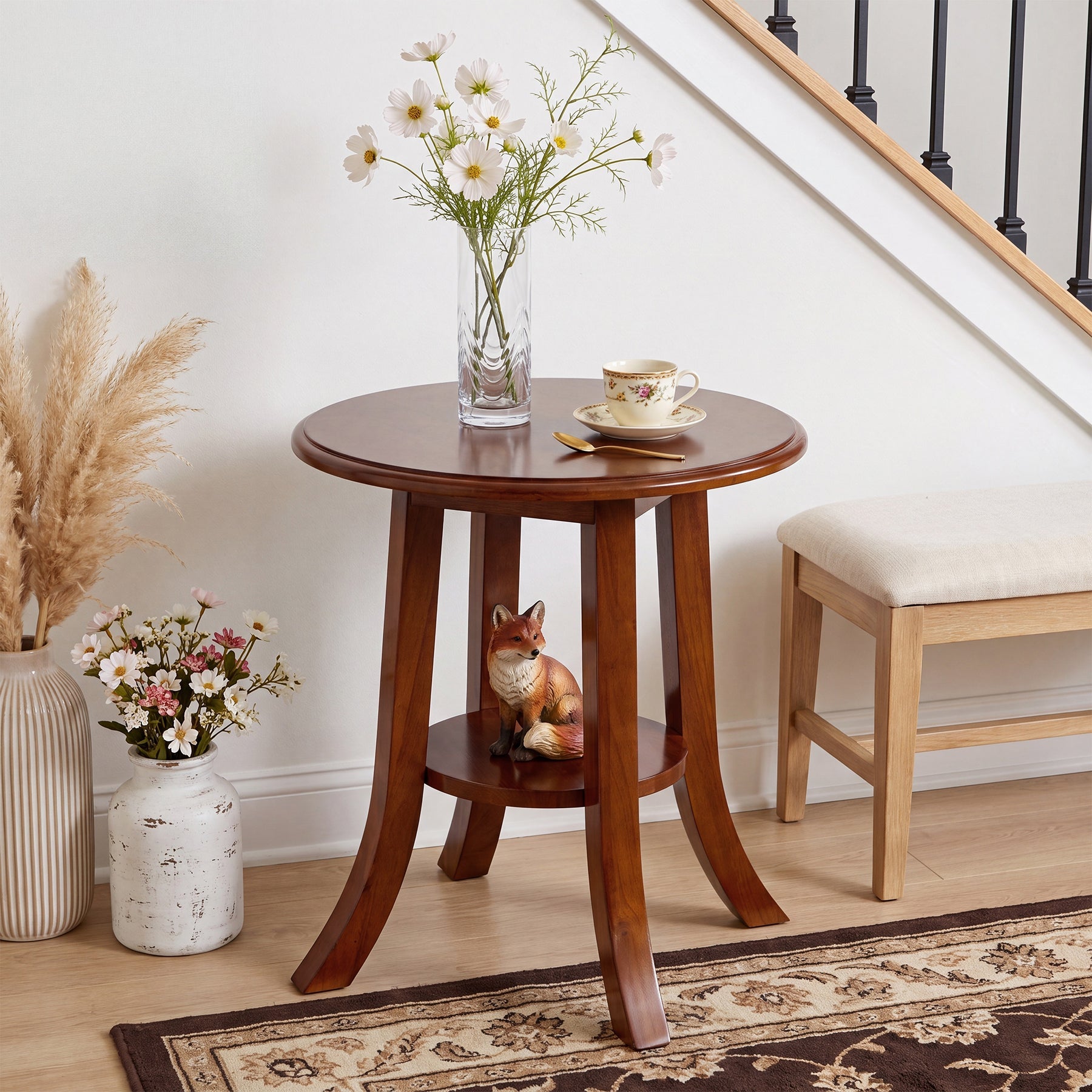 Tribesigns Table d’Appoint Ronde Vintage en Bois Massif à 2 Niveaux, Pieds Courbés, Ø 50 x H 60 cm