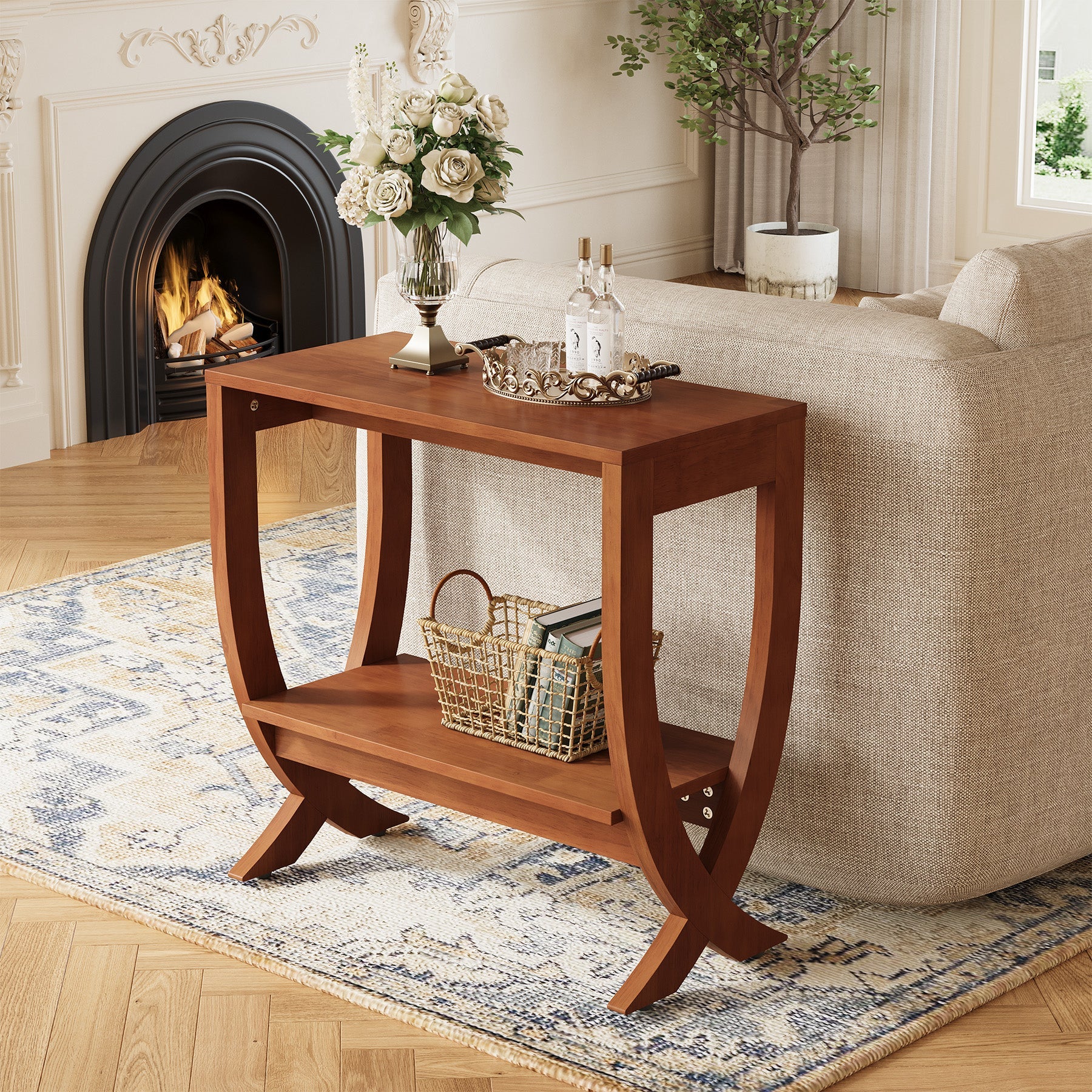 Tribesigns Table d’Appoint en Bois Massif avec Étagère, Table de Chevet Étroite à Structure Cintrée