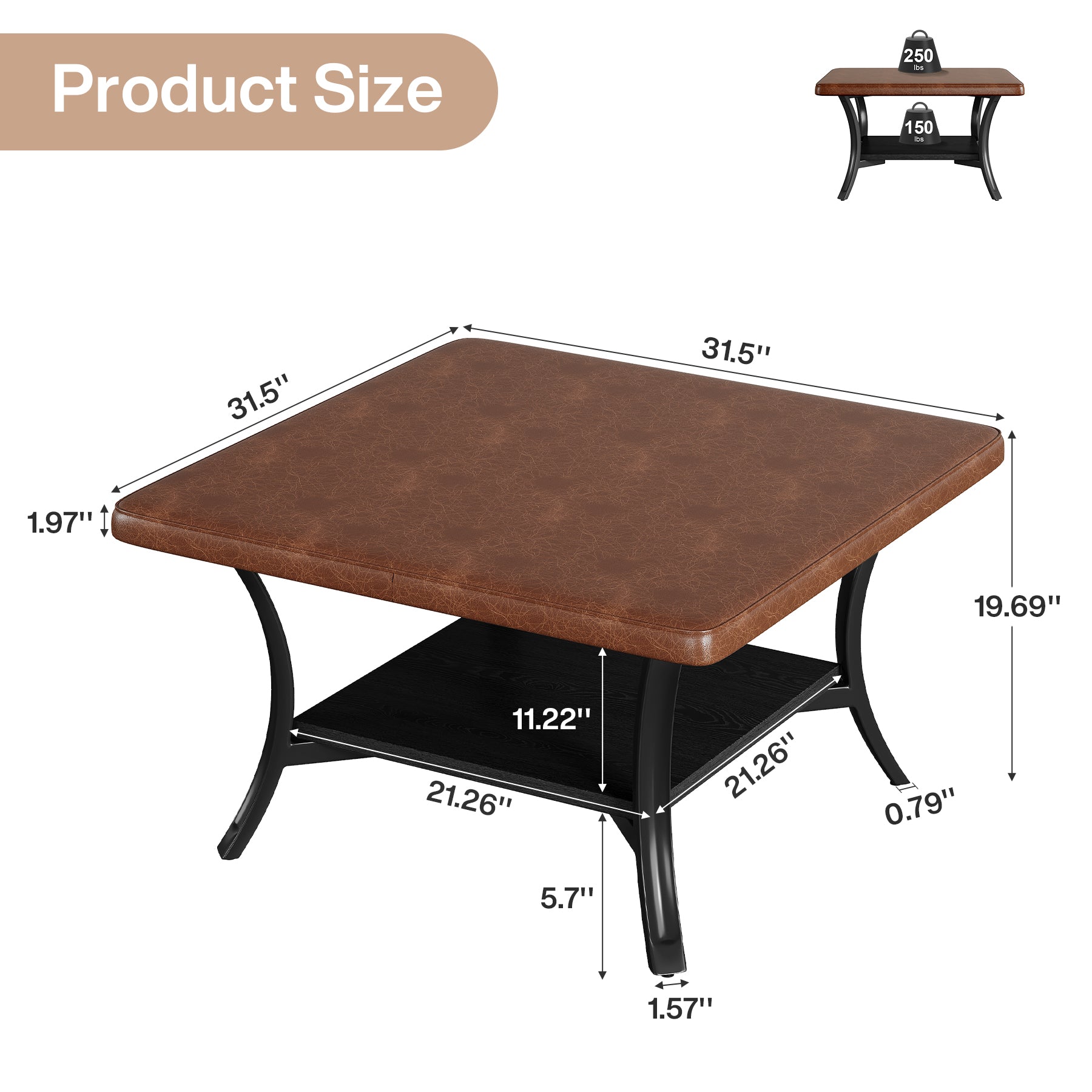 Tribesigns Table Basse Carrée 80 cm avec Revêtement en Similicuir pour Salon