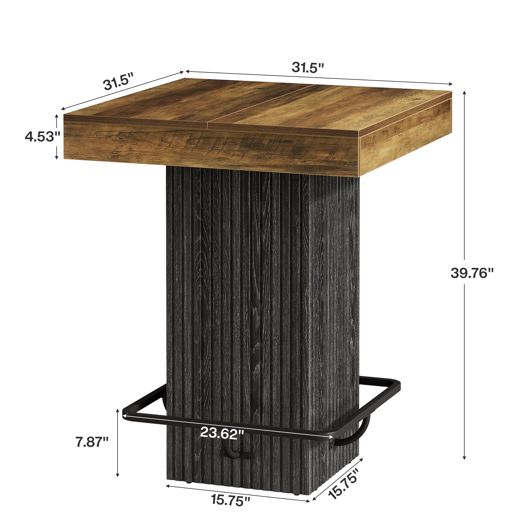 Table de bar carrée de 80 x 80 x 101 cm avec repose-pieds en métal, Table de pub de style industriel pour cuisine/salle à manger