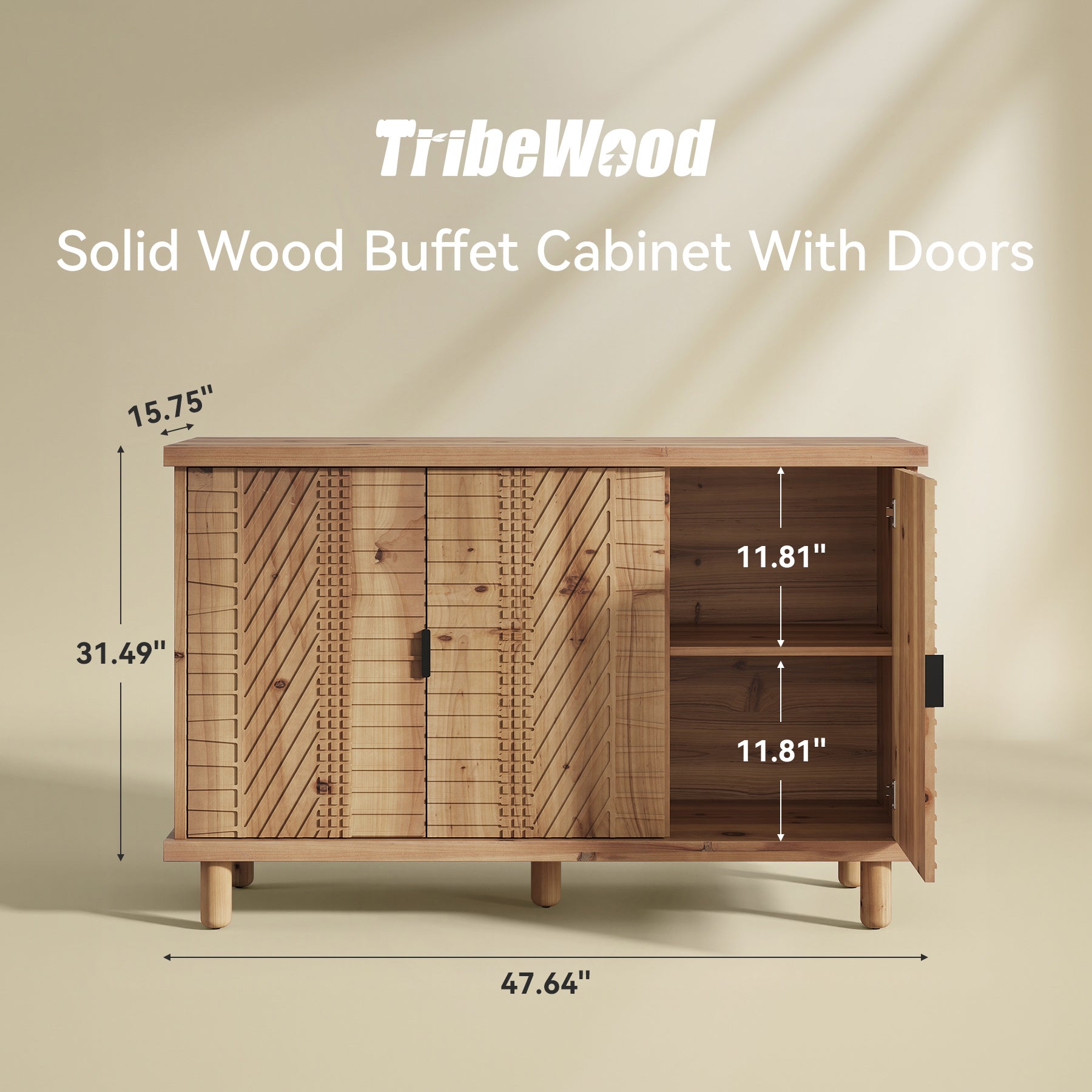Tribesigns Buffet en Bois Massif avec Rangement, Meuble Rustique à 3 Portes et 2 Étagères Réglables