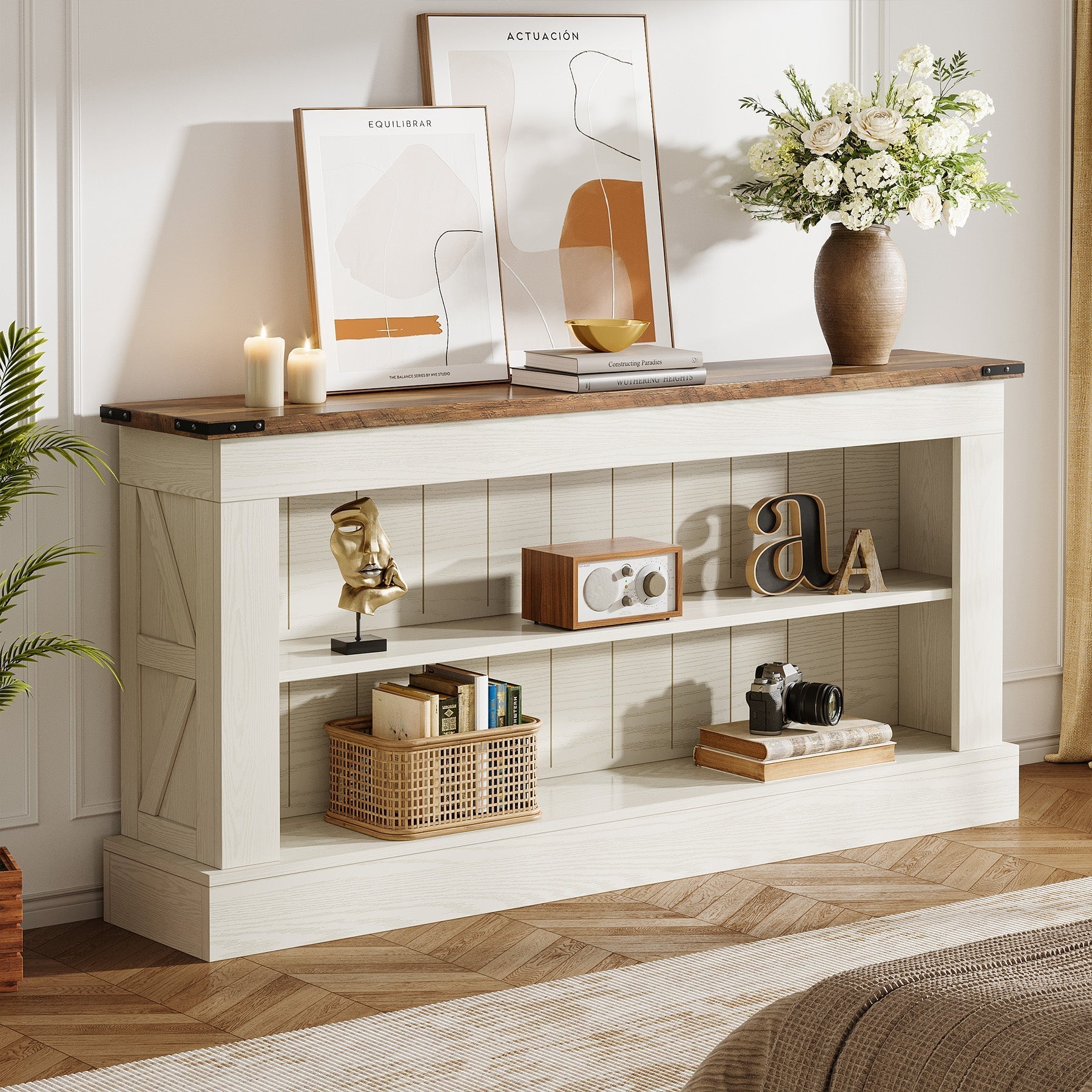 Tribesigns Meuble TV 160 cm, Console multimédia style ferme avec rangement