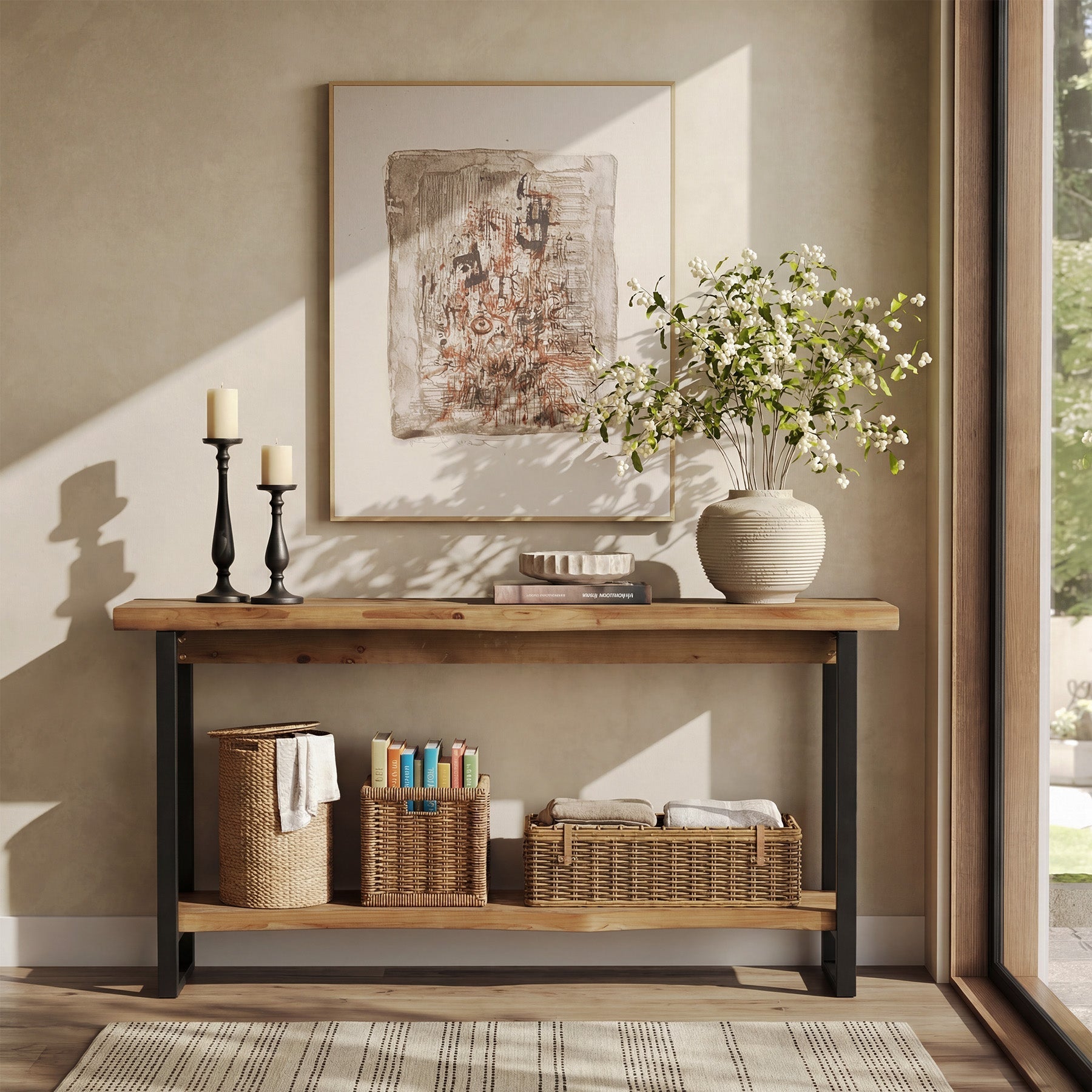 Tribesigns Console en bois massif de 160 cm avec bord naturel, Table basse à deux niveaux