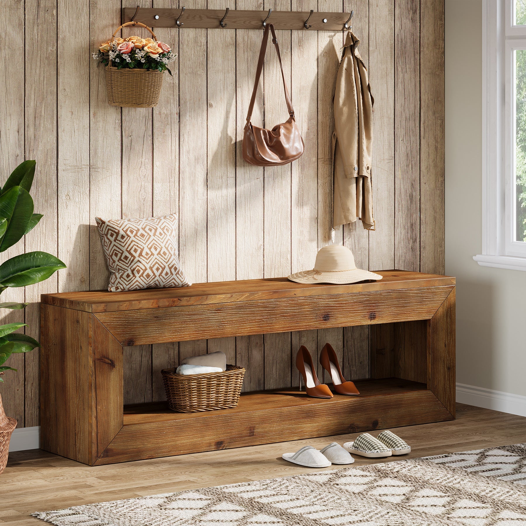 Tribesigns Banc d’Entrée en Bois Massif de 120 cm avec Étagère de Rangement, Style Rustique