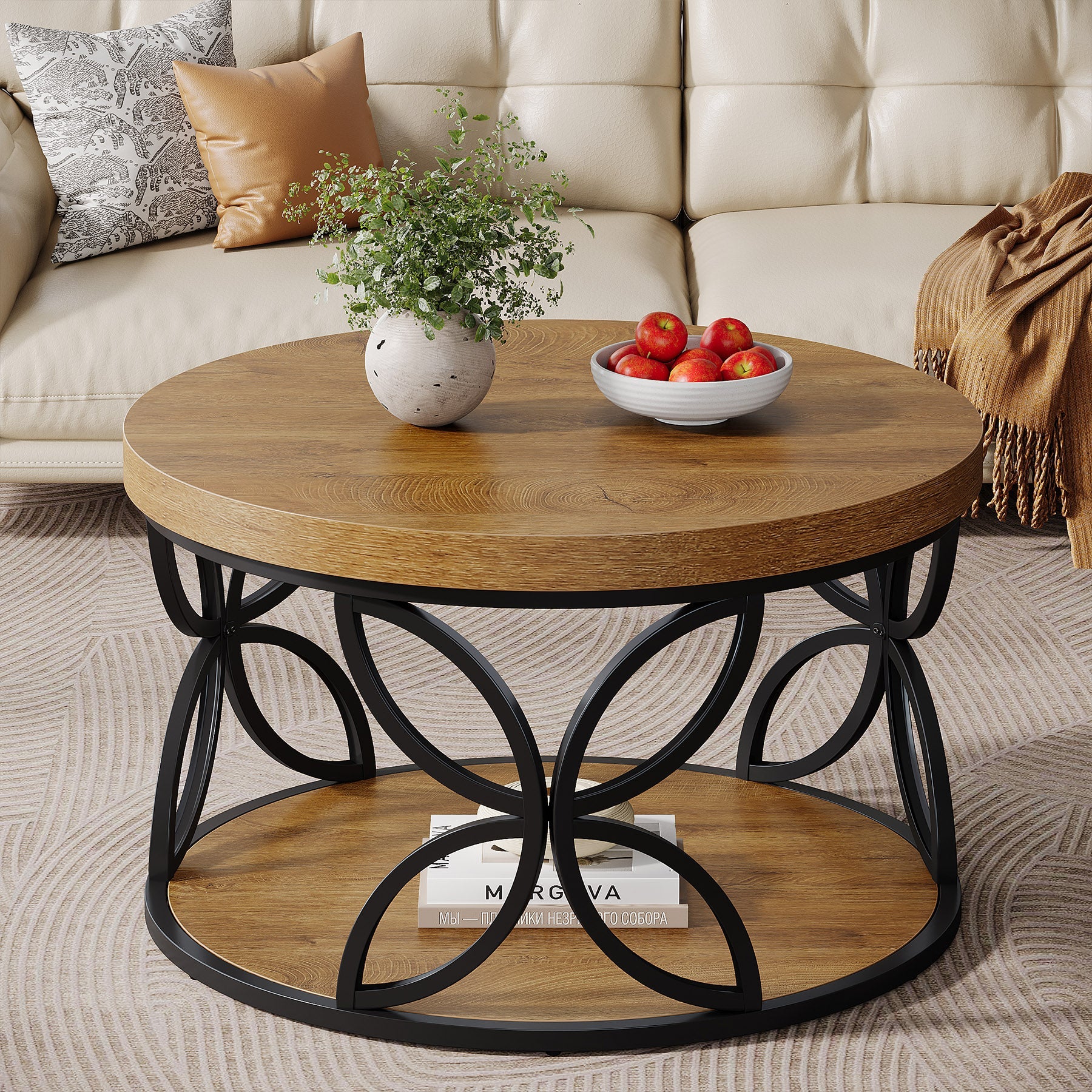Tribesigns Table basse ronde de 80 cm à 2 niveaux avec rangement