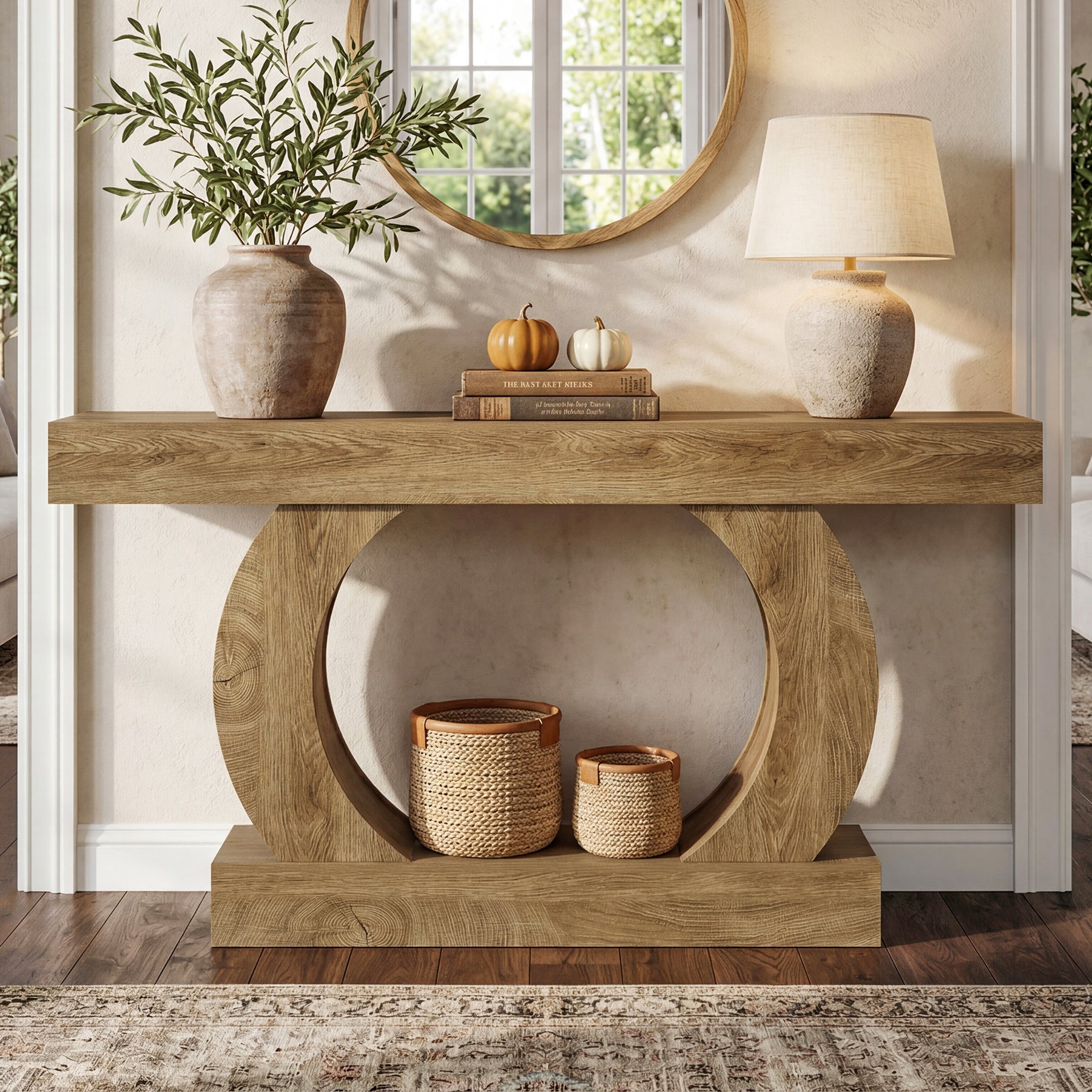 Console rustique 150 x 30 x 85 cm avec base ronde ouverte, Table d'entrée étroite à 2 niveaux pour couloir et salon