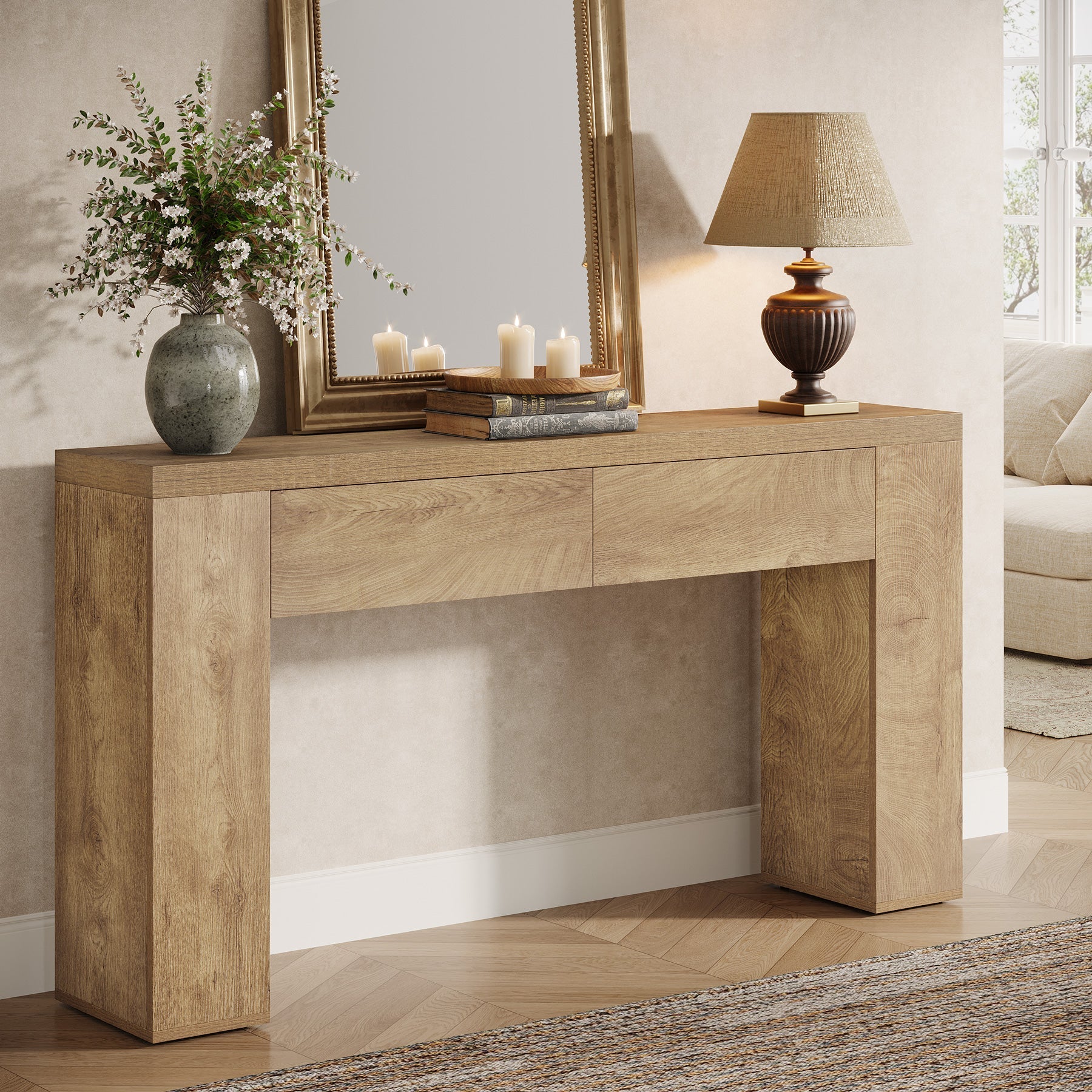 Tribesigns Sidetable 160 cm, smalle haltafel met 2 lades