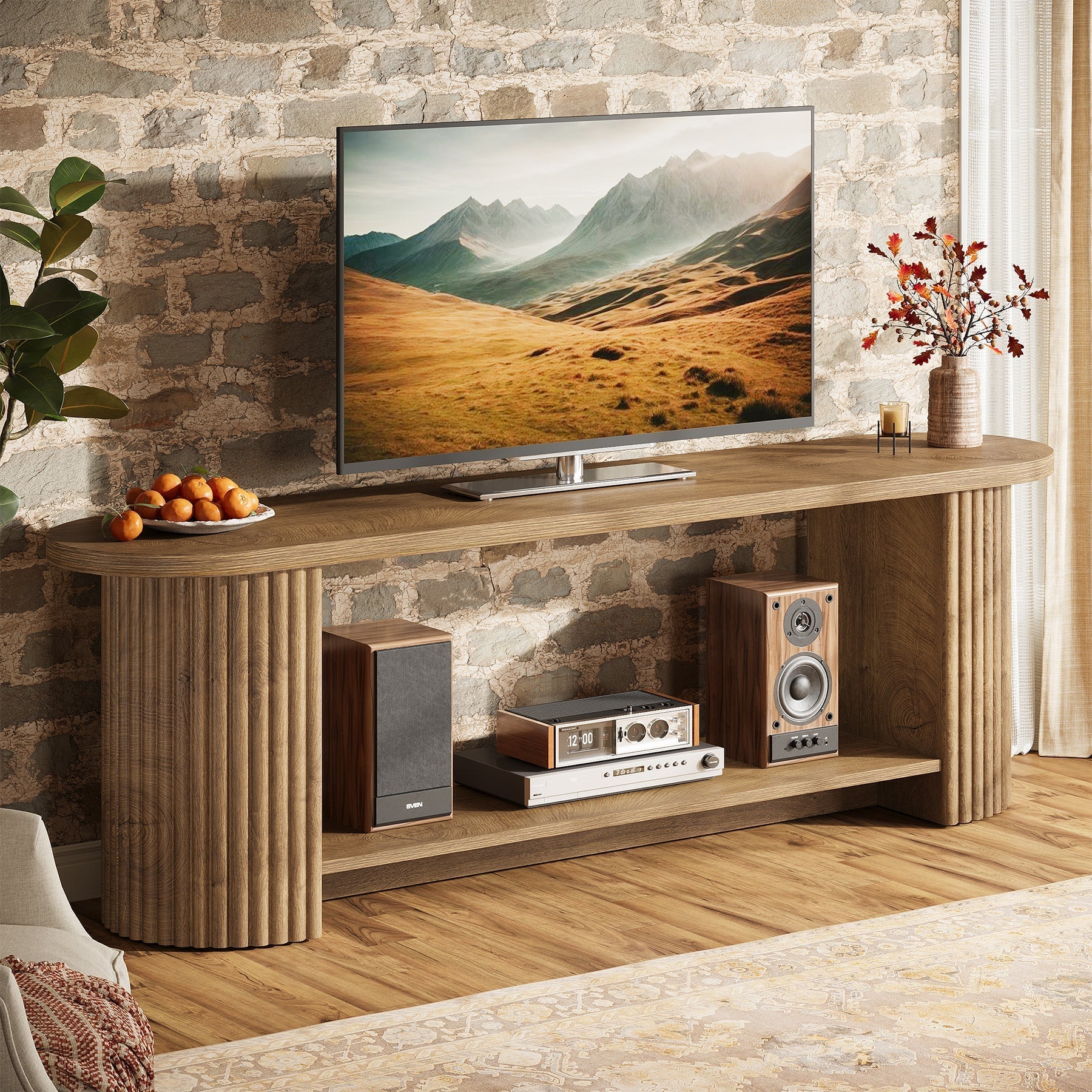 Tribesigns Meuble TV de 160 cm avec design côtelé et étagère de rangement, Meuble multimédia rustique pour salon et chambre