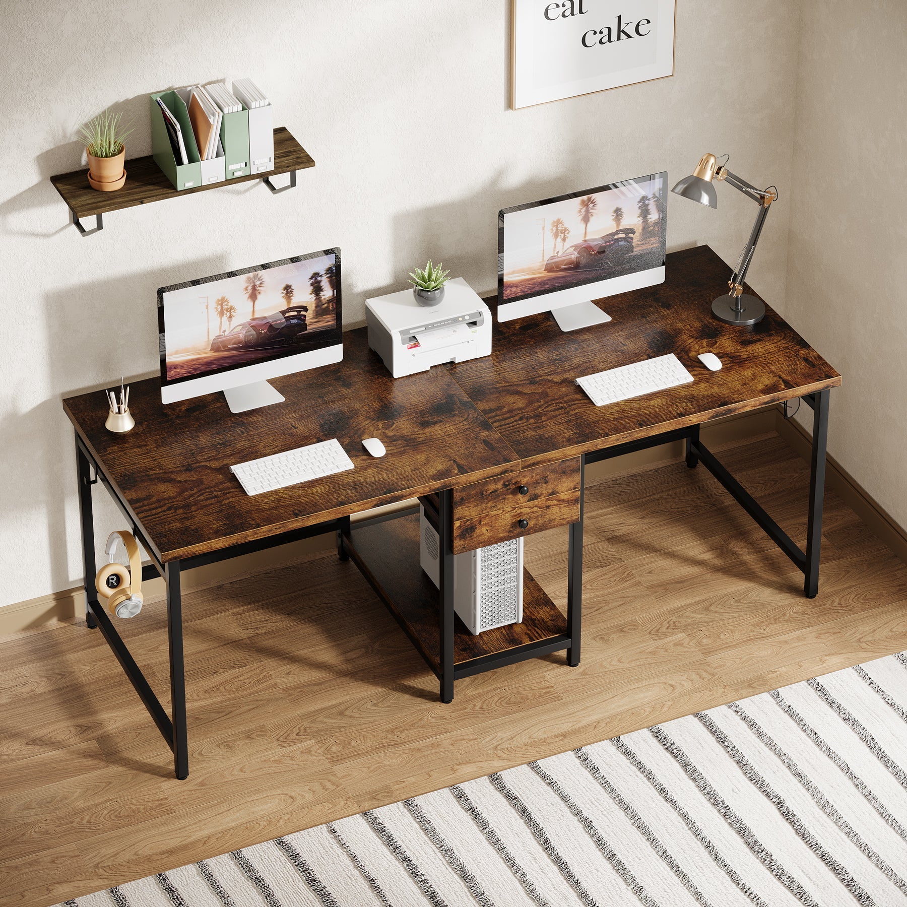 Tribesigns Bureau Double de 200 cm avec 2 Tiroirs et Étagères, Bureau Industriel pour Travail et Étude