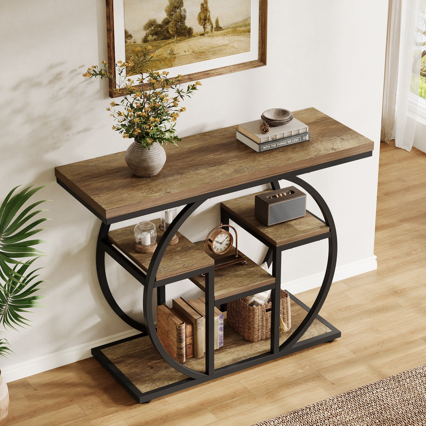 Tribesigns Console 105 cm de large avec 4 étagères, Table d'appoint de style industriel avec structure incurvée