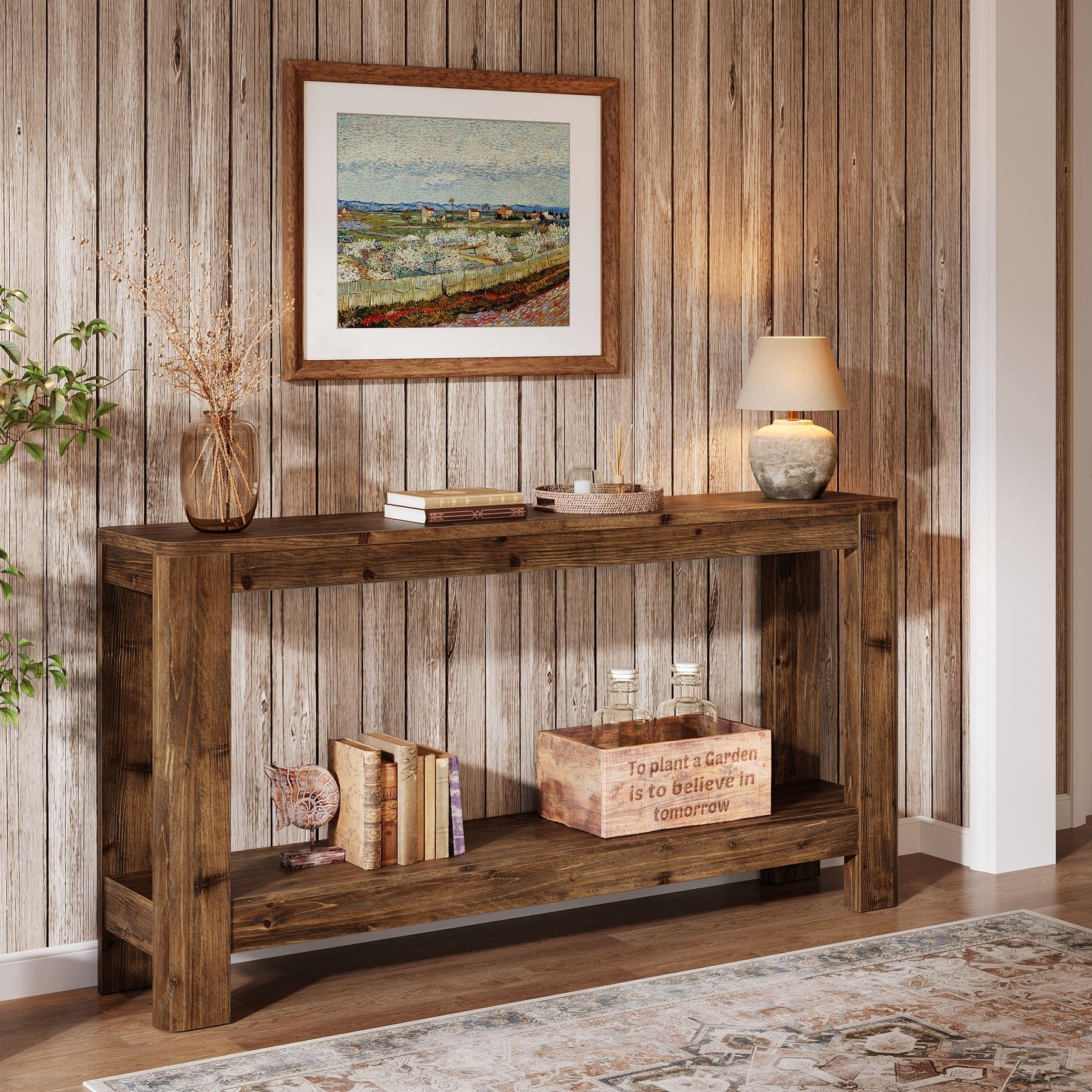 Tribesigns Console en bois massif de 160 cm, Table d'appoint étroite style ferme avec étagère