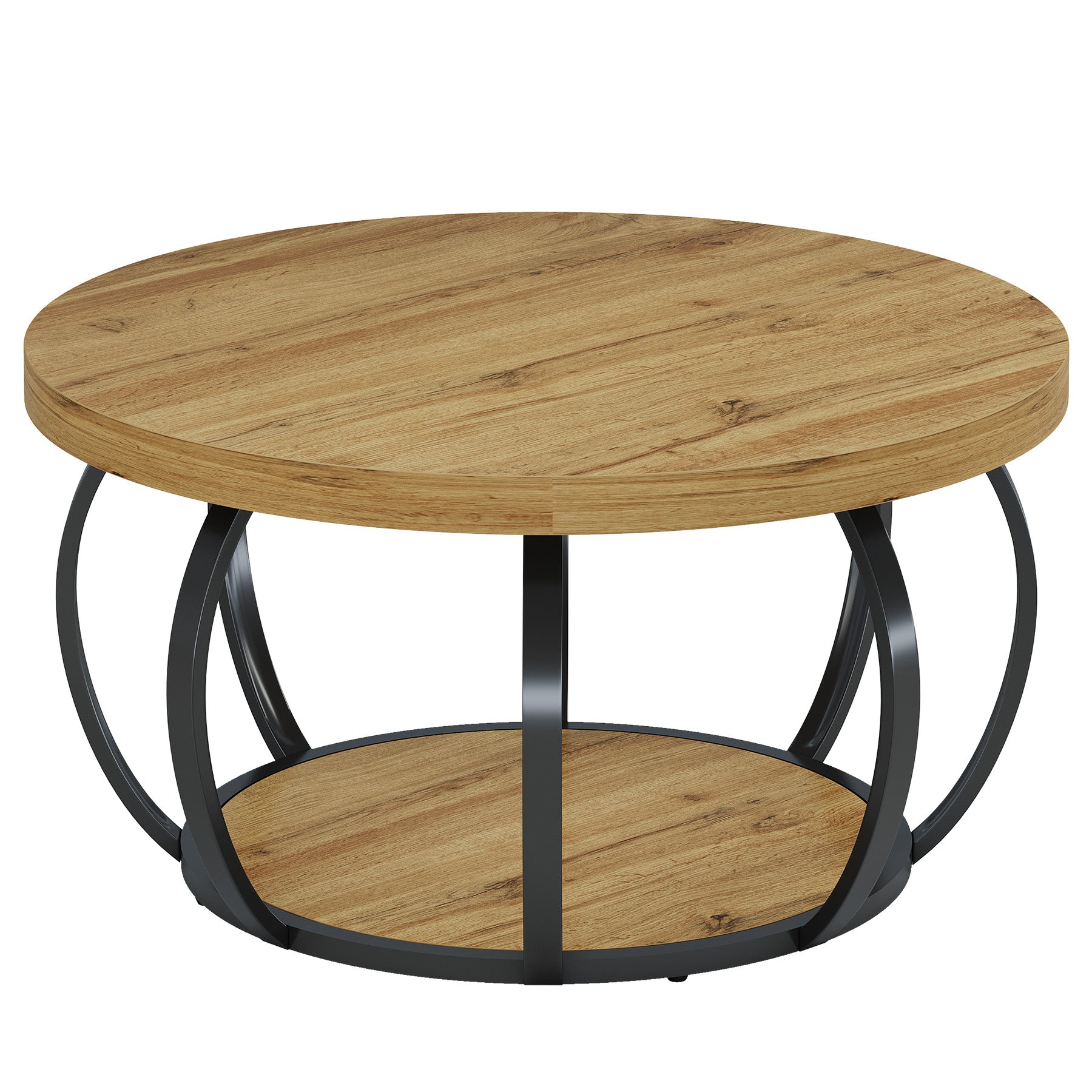 Tribesigns Ronde Salontafel, Industriële Salontafel met 2 Niveaus en Opbergplanken