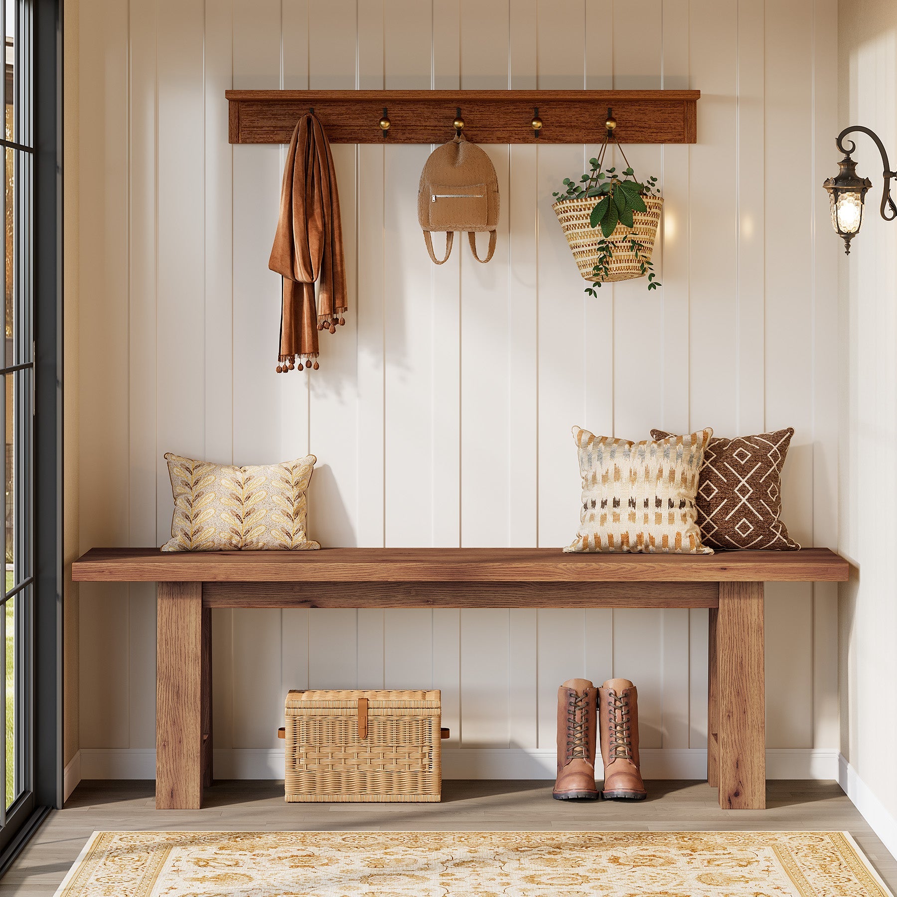 Tribesigns Banc Long 140 cm en Bois Massif, Banc d’Entrée Rustique en Bois Naturel