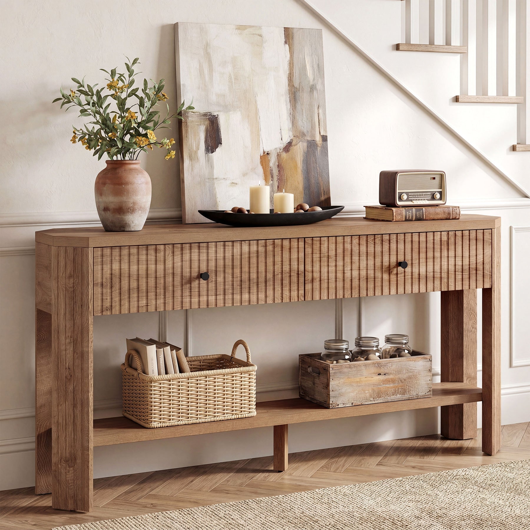 Console de 150 cm avec 2 tiroirs, Table d'entrée étroite et moderne avec étagère et rangement